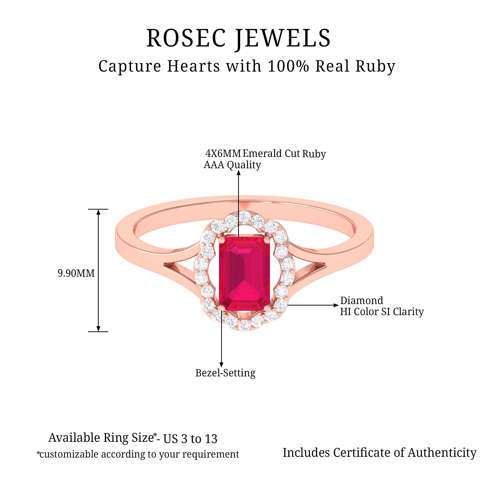 Emerald Cut Ruby and Diamond Floral Halo Ring with Split Shank Ruby - ( AAA ) - Quality - Rosec Jewels