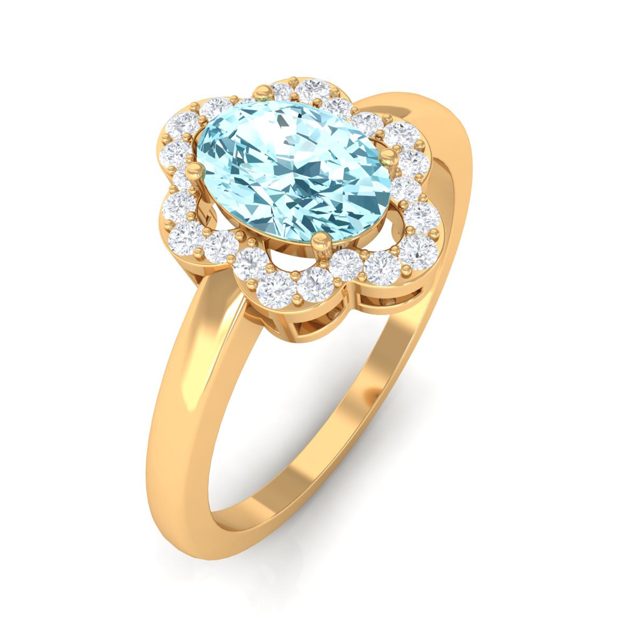 1.25 CT Oval Aquamarine Cocktail Engagement Ring with Diamond Floral Halo Aquamarine - ( AAA ) - Quality - Rosec Jewels