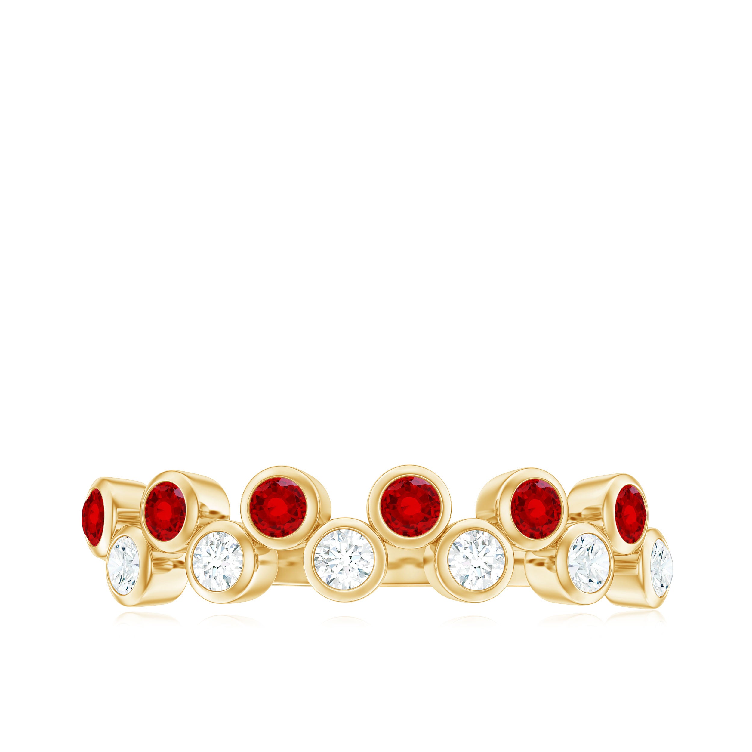 Simple Bezel Set Round Created Ruby and Moissanite Half Eternity Ring Lab Created Ruby - ( AAAA ) - Quality - Rosec Jewels