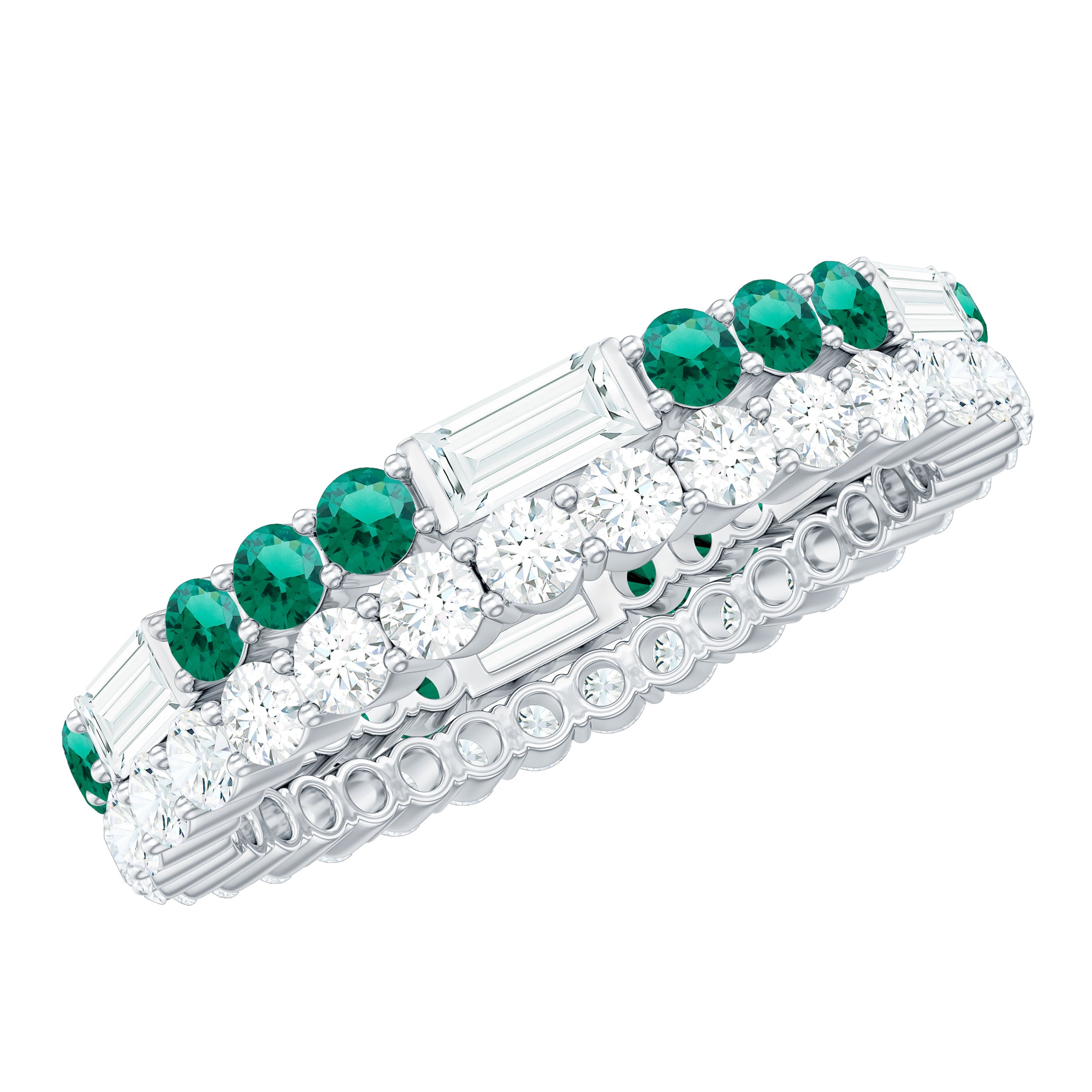 Classic Created Emerald and Moissanite Two Row Eternity Band Ring Lab Created Emerald - ( AAAA ) - Quality - Rosec Jewels