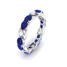 Pear Cut Created Blue Sapphire East West Gold Eternity Ring with Moissanite Lab Created Blue Sapphire - ( AAAA ) - Quality - Rosec Jewels