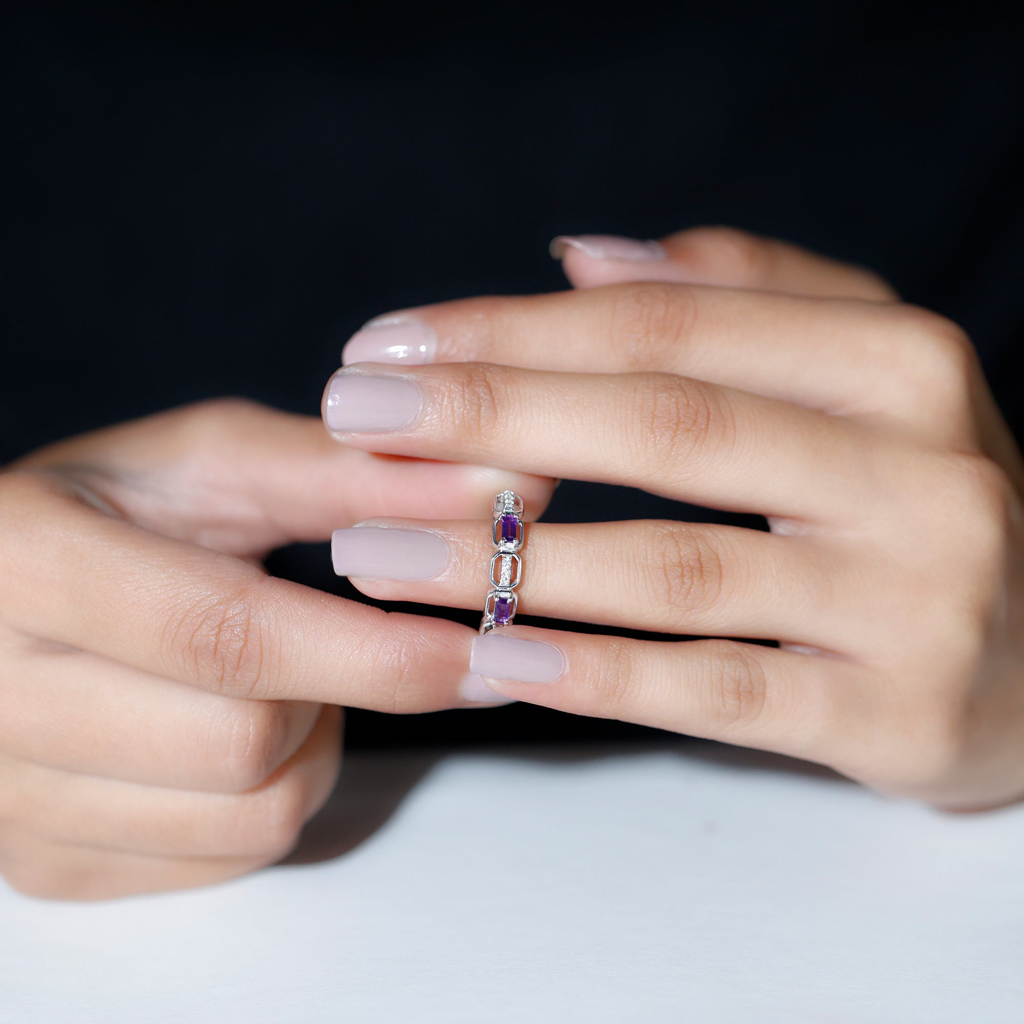 Amethyst and Diamond Geometric Half Eternity Ring Amethyst - ( AAA ) - Quality - Rosec Jewels