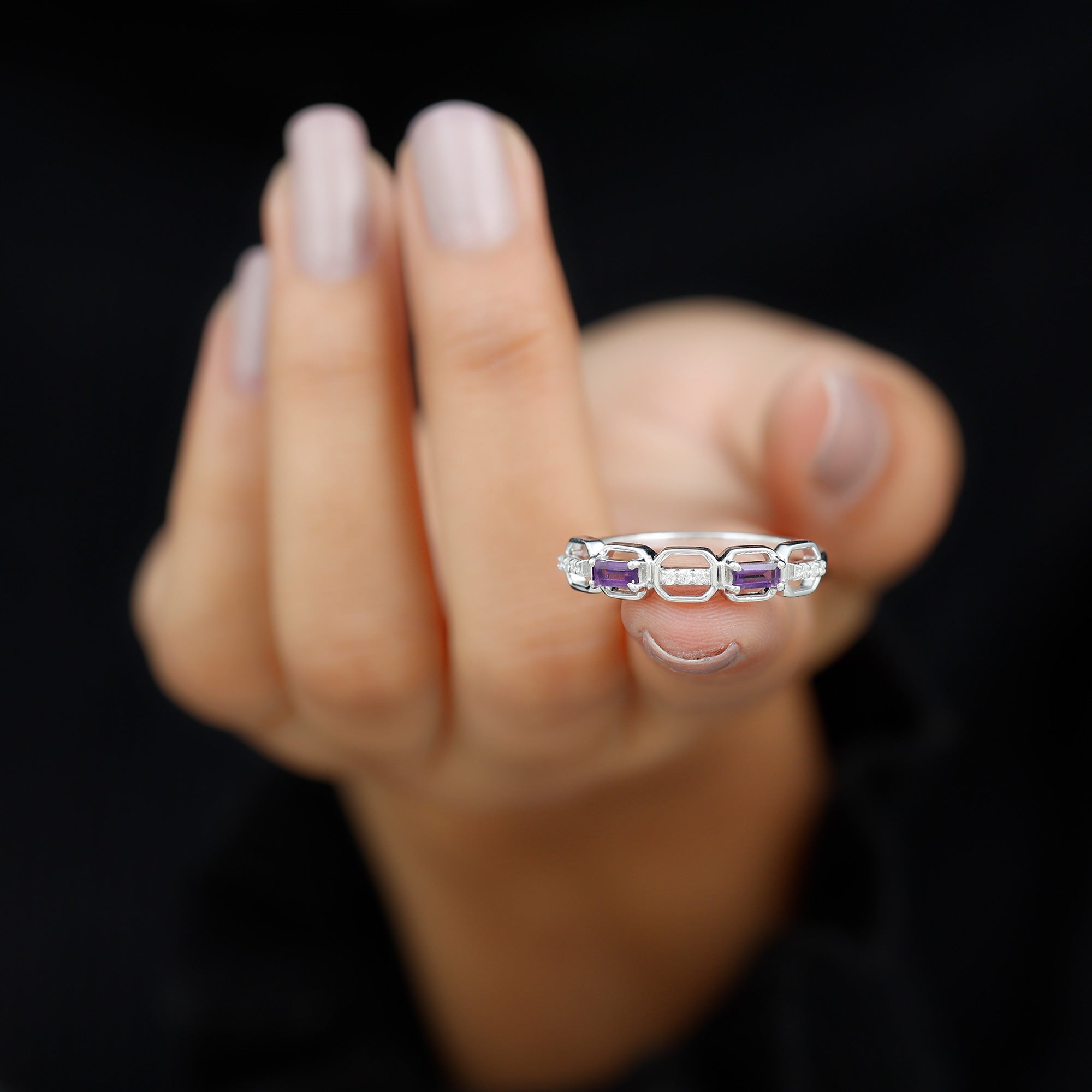 Amethyst and Diamond Geometric Half Eternity Ring Amethyst - ( AAA ) - Quality - Rosec Jewels