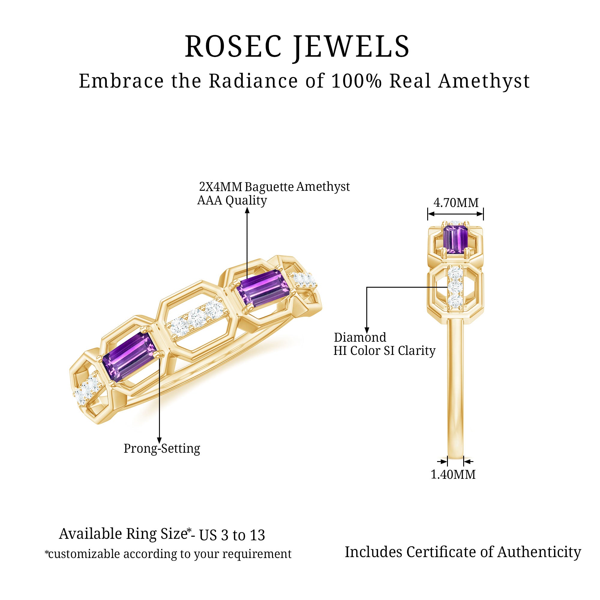 Amethyst and Diamond Geometric Half Eternity Ring Amethyst - ( AAA ) - Quality - Rosec Jewels