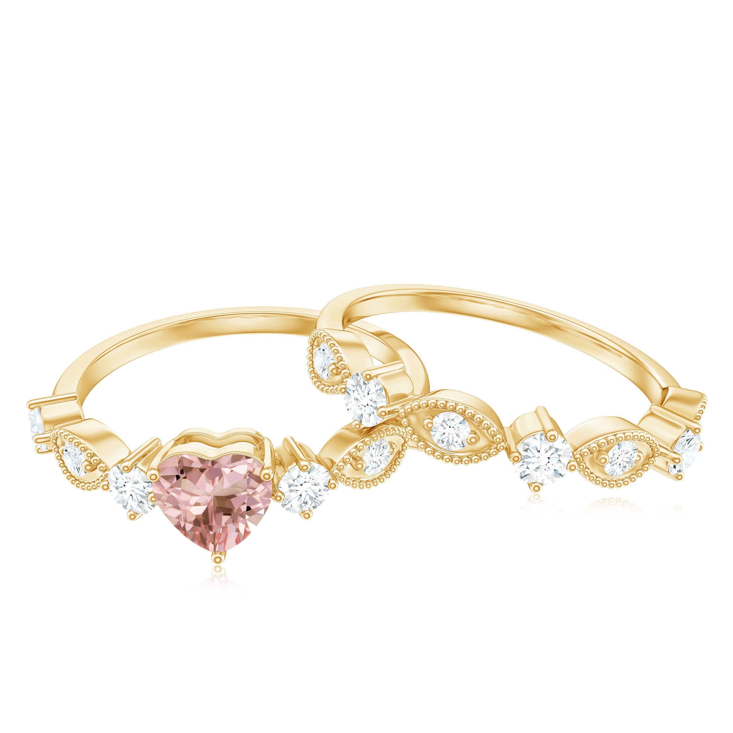 Heart Shape Morganite Stackable Ring Set with Diamond Morganite - ( AAA ) - Quality - Rosec Jewels