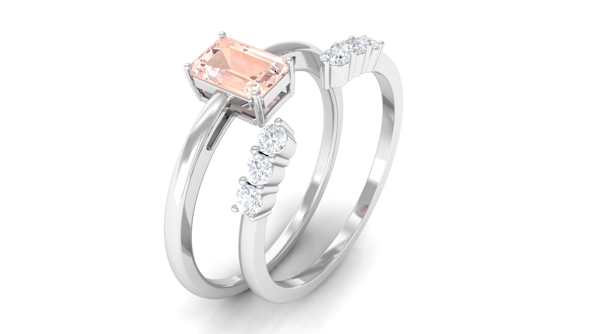 Natural Morganite Stackable Ring Set with Diamond Morganite - ( AAA ) - Quality - Rosec Jewels