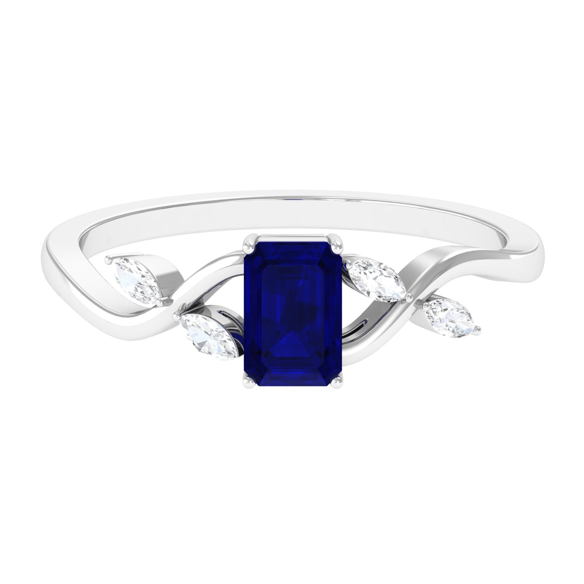 Octagon Cut Blue Sapphire Solitaire Engagement Ring with Diamond Blue Sapphire - ( AAA ) - Quality - Rosec Jewels