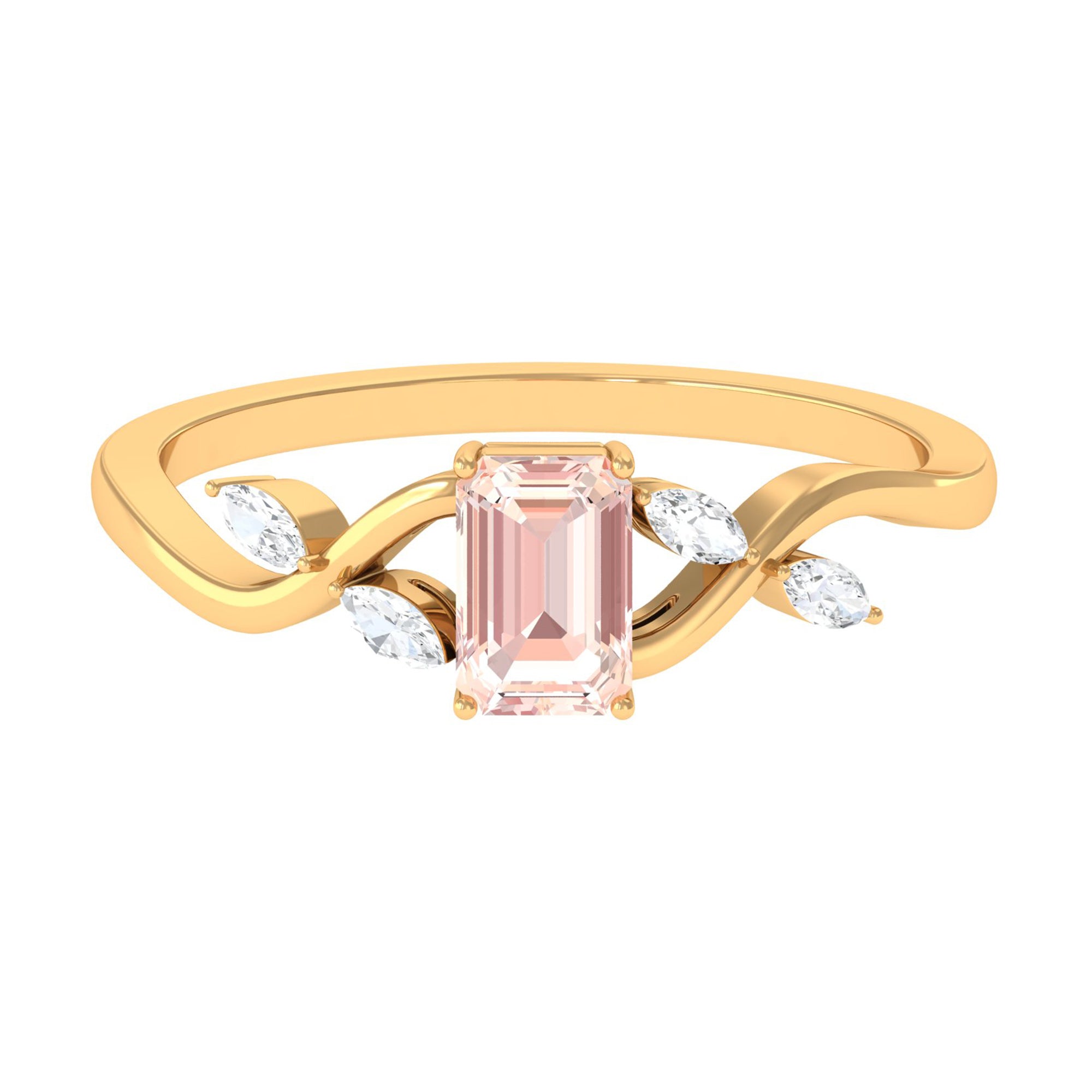 Emerald Cut Morganite and Diamond Solitaire Engagement Ring in Split Shank Morganite - ( AAA ) - Quality - Rosec Jewels