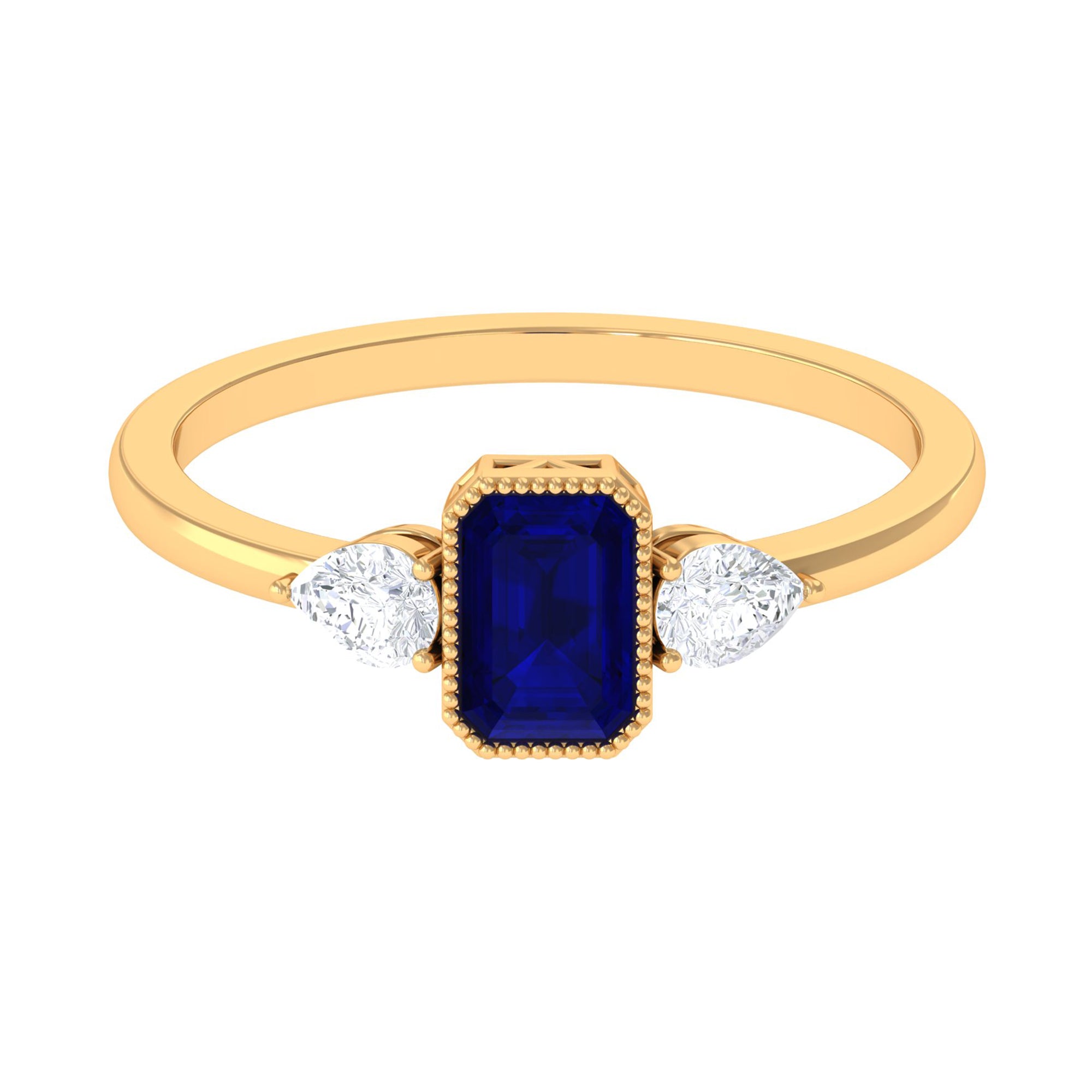 1 CT Blue Sapphire and Diamond Three Stone Ring in Bezel Setting Blue Sapphire - ( AAA ) - Quality - Rosec Jewels