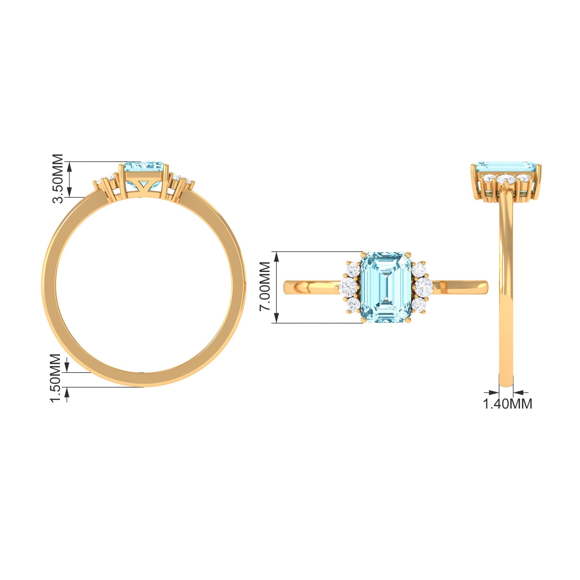 Emerald Cut Aquamarine Promise Ring with Diamond Aquamarine - ( AAA ) - Quality - Rosec Jewels