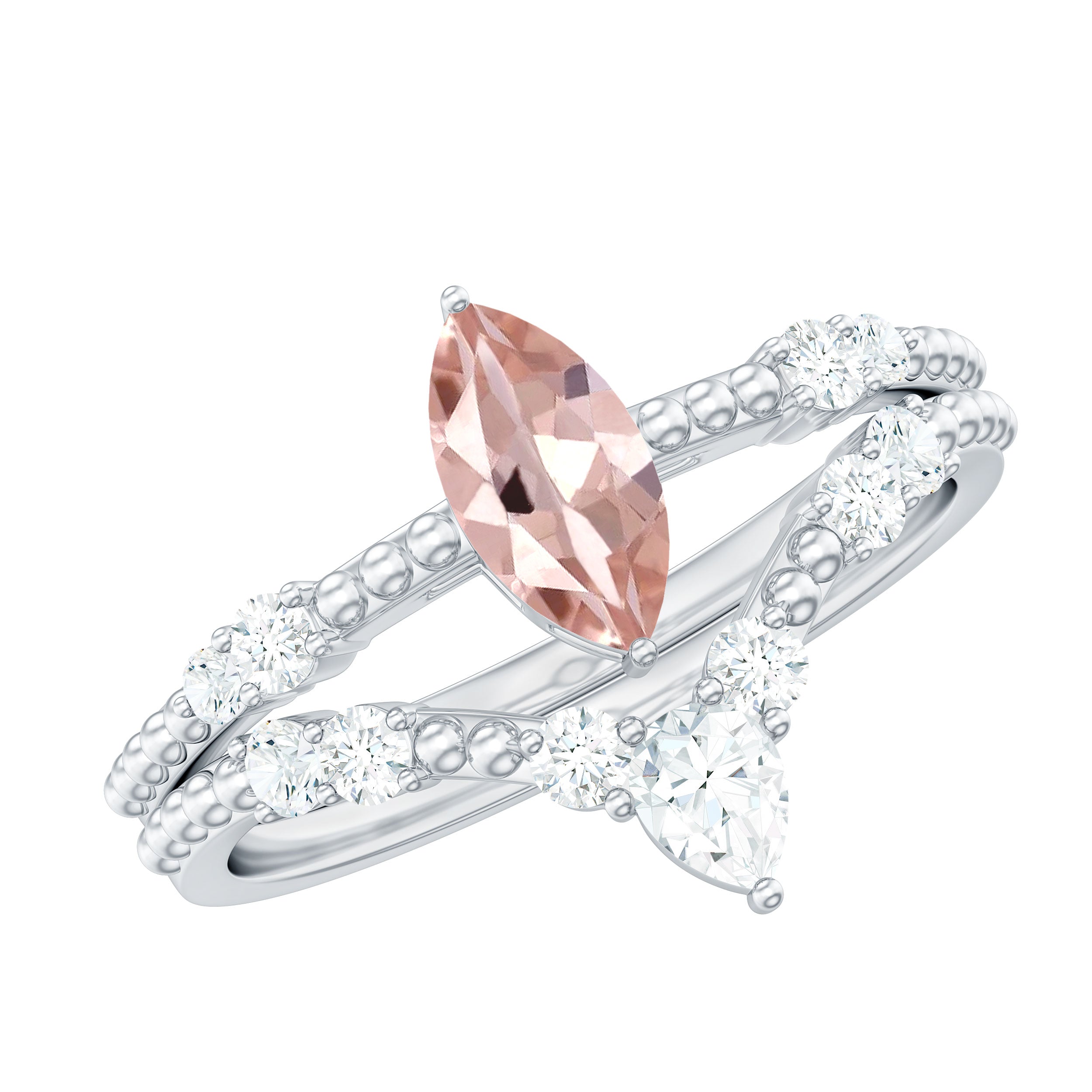 Morganite and Diamond Beaded Ring Set Morganite - ( AAA ) - Quality - Rosec Jewels