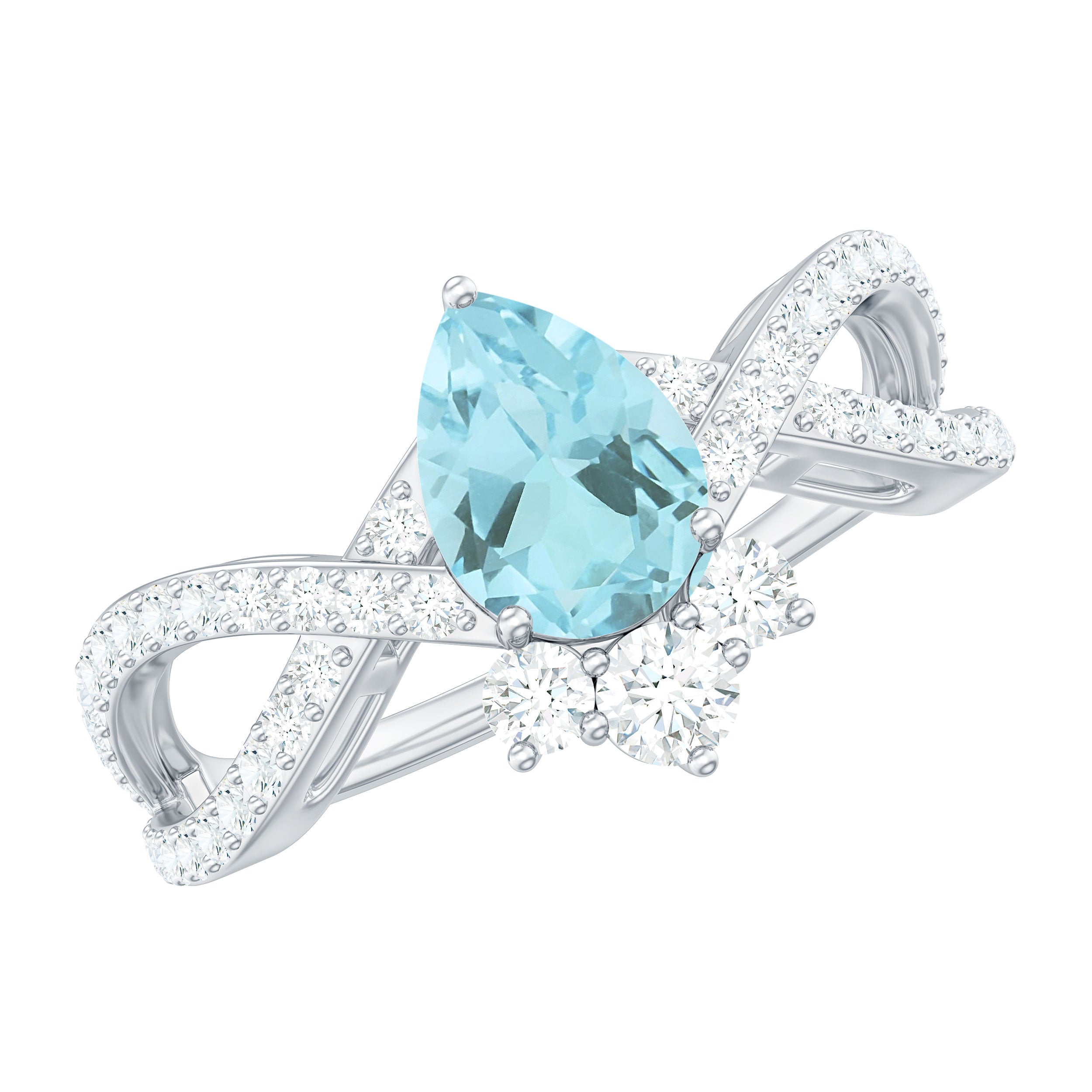 Pear Cut Sky Blue Topaz Designer Crossover Engagement Ring with Diamond Sky Blue Topaz - ( AAA ) - Quality - Rosec Jewels