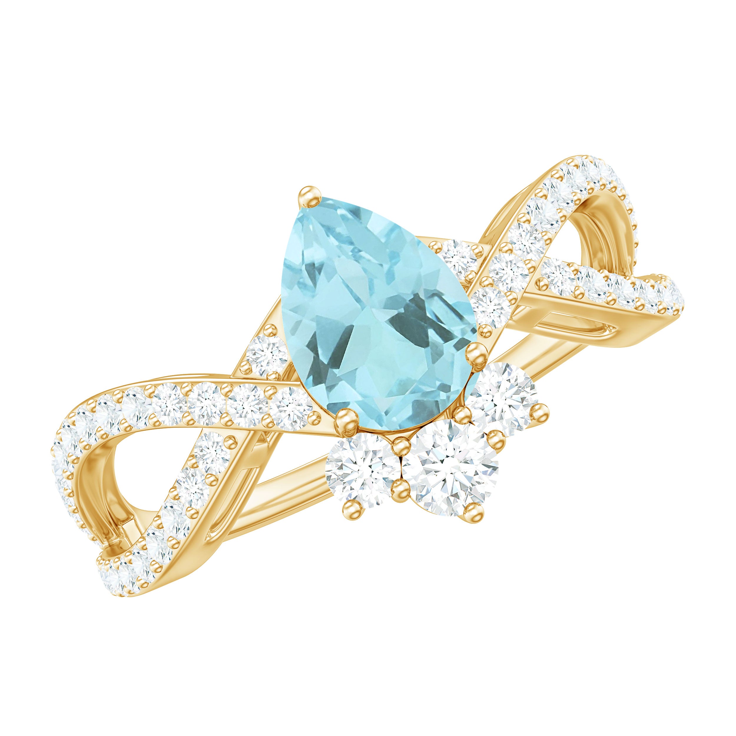 Pear Cut Sky Blue Topaz Designer Crossover Engagement Ring with Diamond Sky Blue Topaz - ( AAA ) - Quality - Rosec Jewels