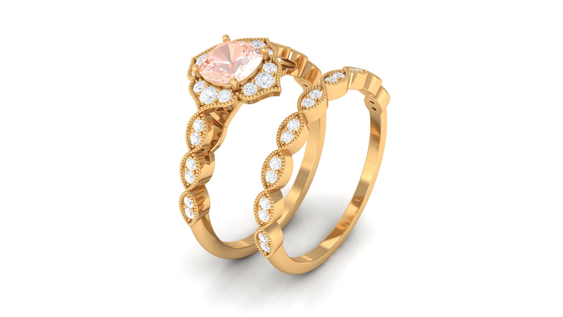 Real Morganite Flower Ring Set with Diamond Morganite - ( AAA ) - Quality - Rosec Jewels