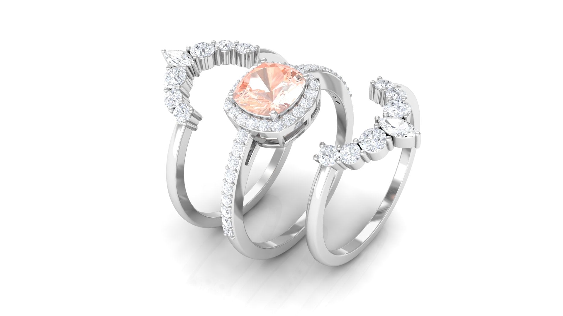 Cushion Cut Morganite Wedding Ring Set with Moissanite Morganite - ( AAA ) - Quality - Rosec Jewels