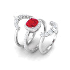 Cushion Cut Created Ruby Trio Wedding Ring Set with Moissanite Lab Created Ruby - ( AAAA ) - Quality - Rosec Jewels