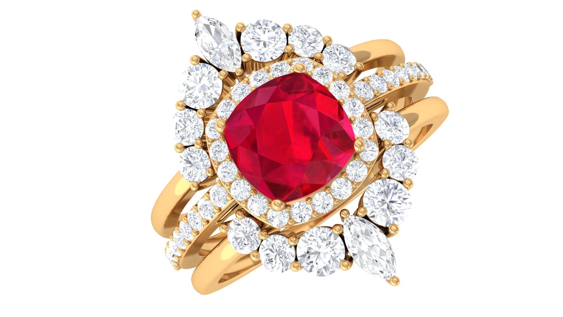 Cushion Cut Created Ruby Trio Wedding Ring Set with Moissanite Lab Created Ruby - ( AAAA ) - Quality - Rosec Jewels