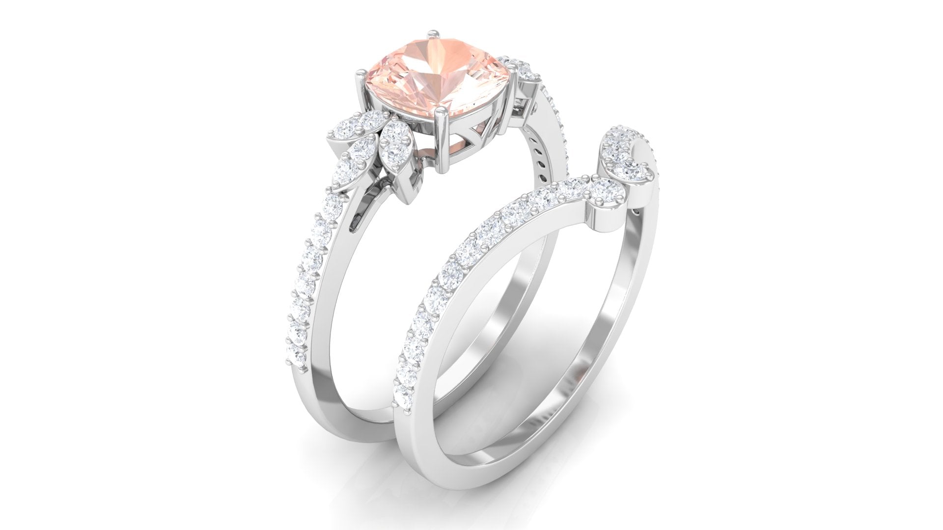 Cushion Cut Morganite and Diamond Bridal Ring Set Morganite - ( AAA ) - Quality - Rosec Jewels