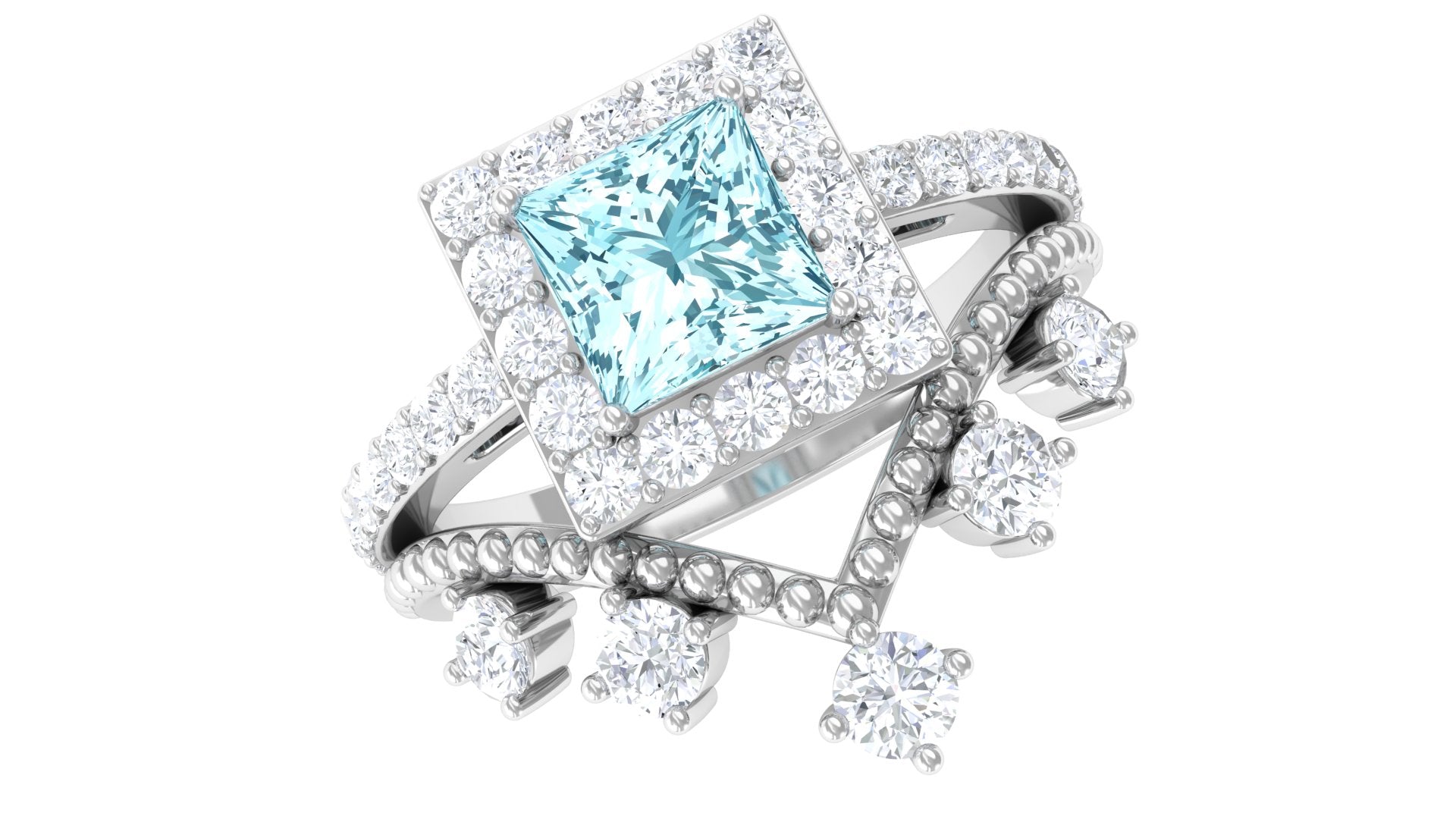 Princess Cut Aquamarine and Moissanite Bridal Ring Set with Beaded Details Aquamarine - ( AAA ) - Quality - Rosec Jewels