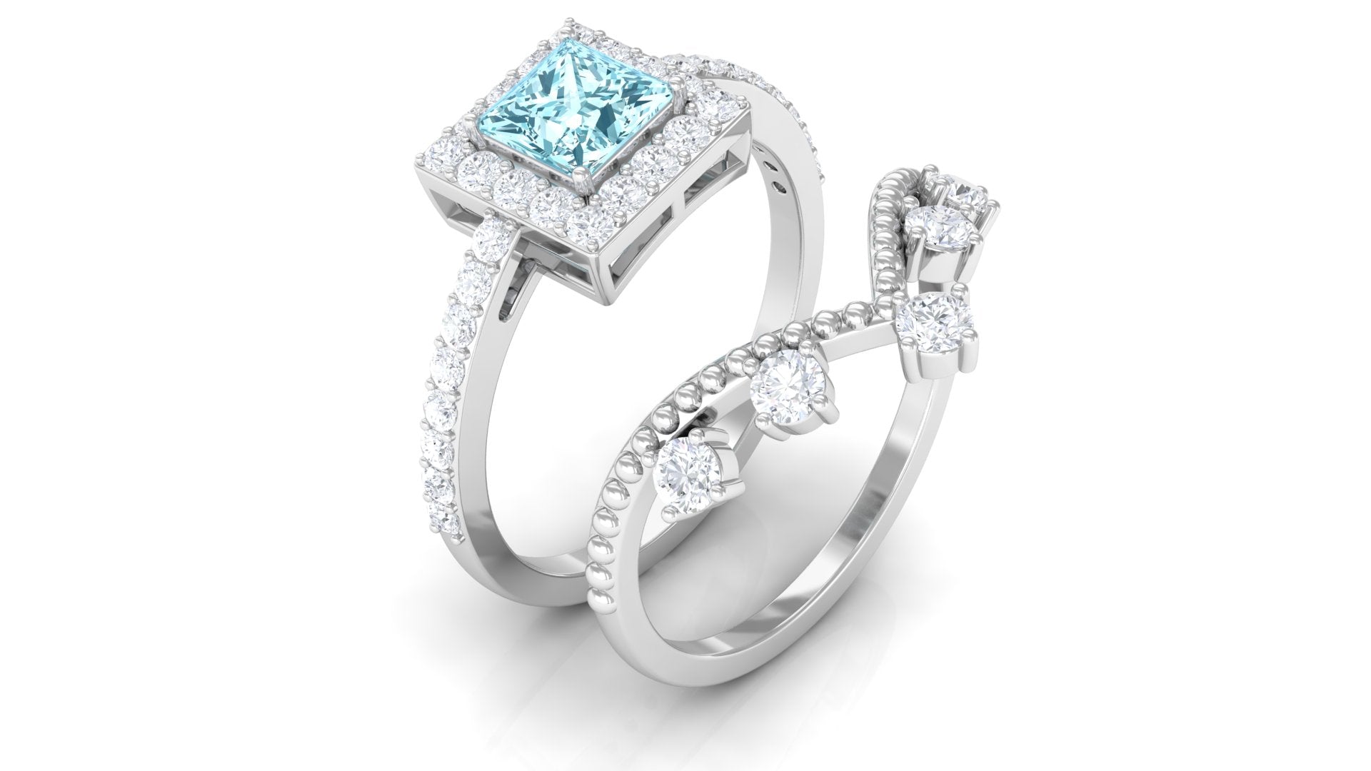 Princess Cut Aquamarine and Moissanite Bridal Ring Set with Beaded Details Aquamarine - ( AAA ) - Quality - Rosec Jewels