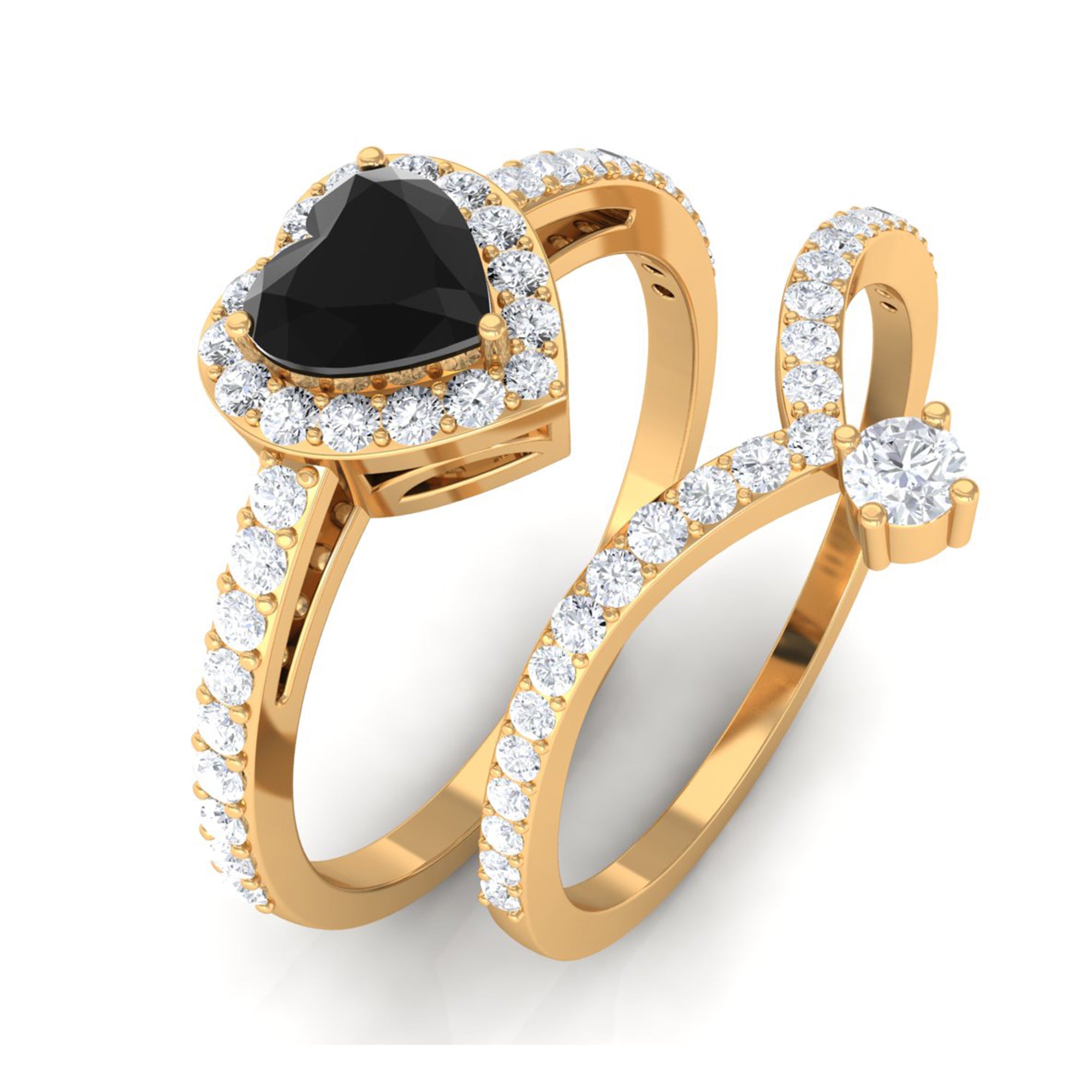 Created Black Diamond Heart Engagement Ring Set with Diamond Lab Created Black Diamond - ( AAAA ) - Quality - Rosec Jewels