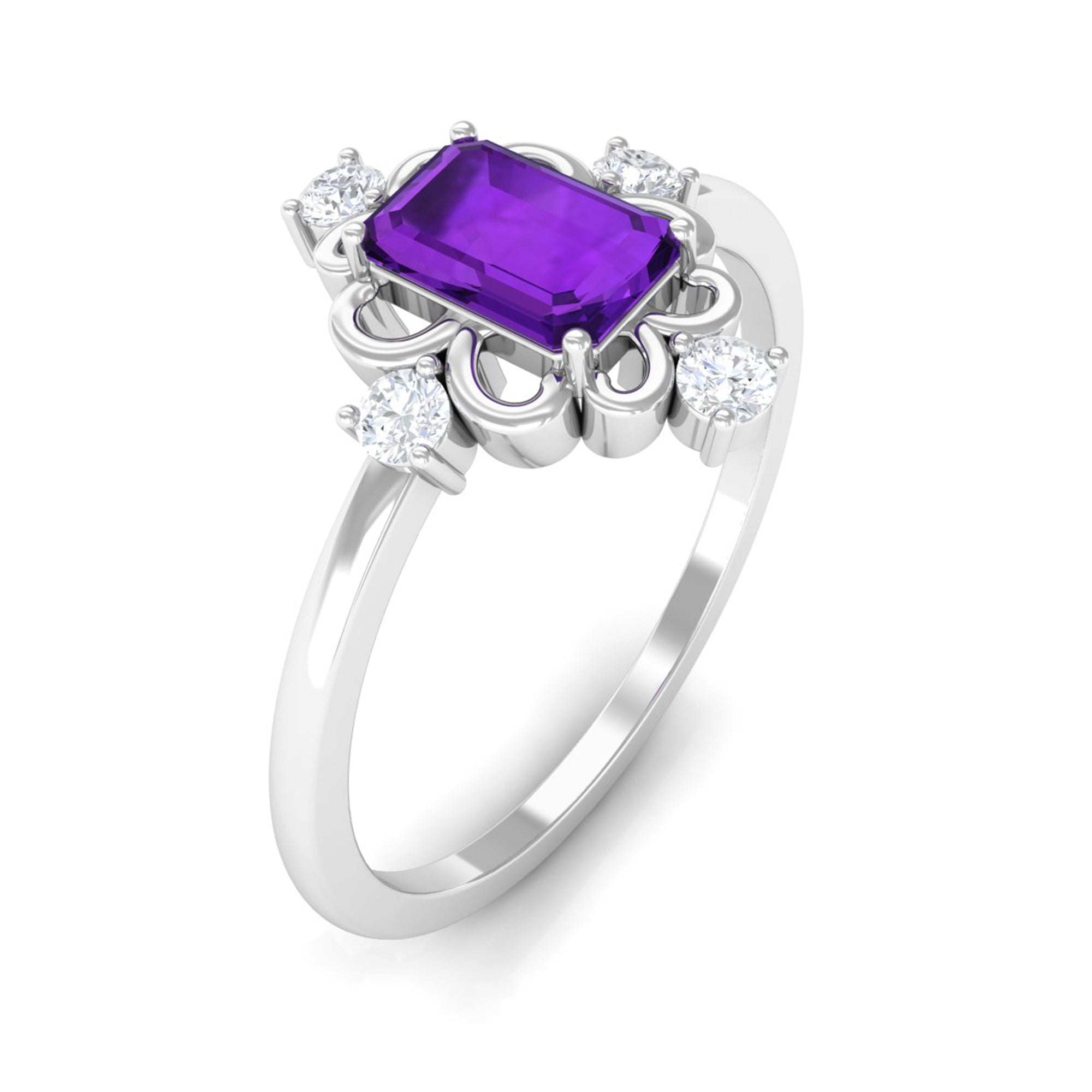 Vintage Inspired Amethyst Solitaire Ring with Diamond Amethyst - ( AAA ) - Quality - Rosec Jewels