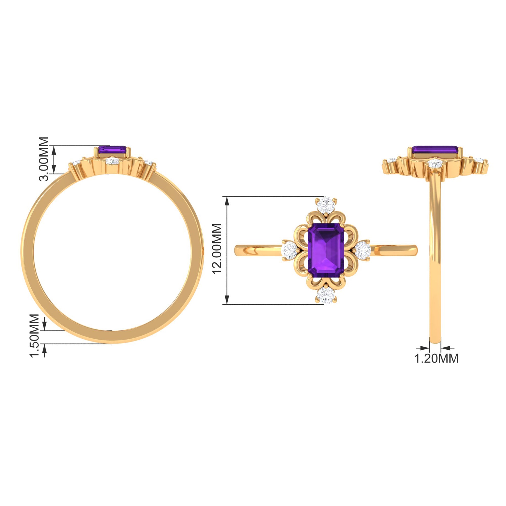 Vintage Inspired Amethyst Solitaire Ring with Diamond Amethyst - ( AAA ) - Quality - Rosec Jewels