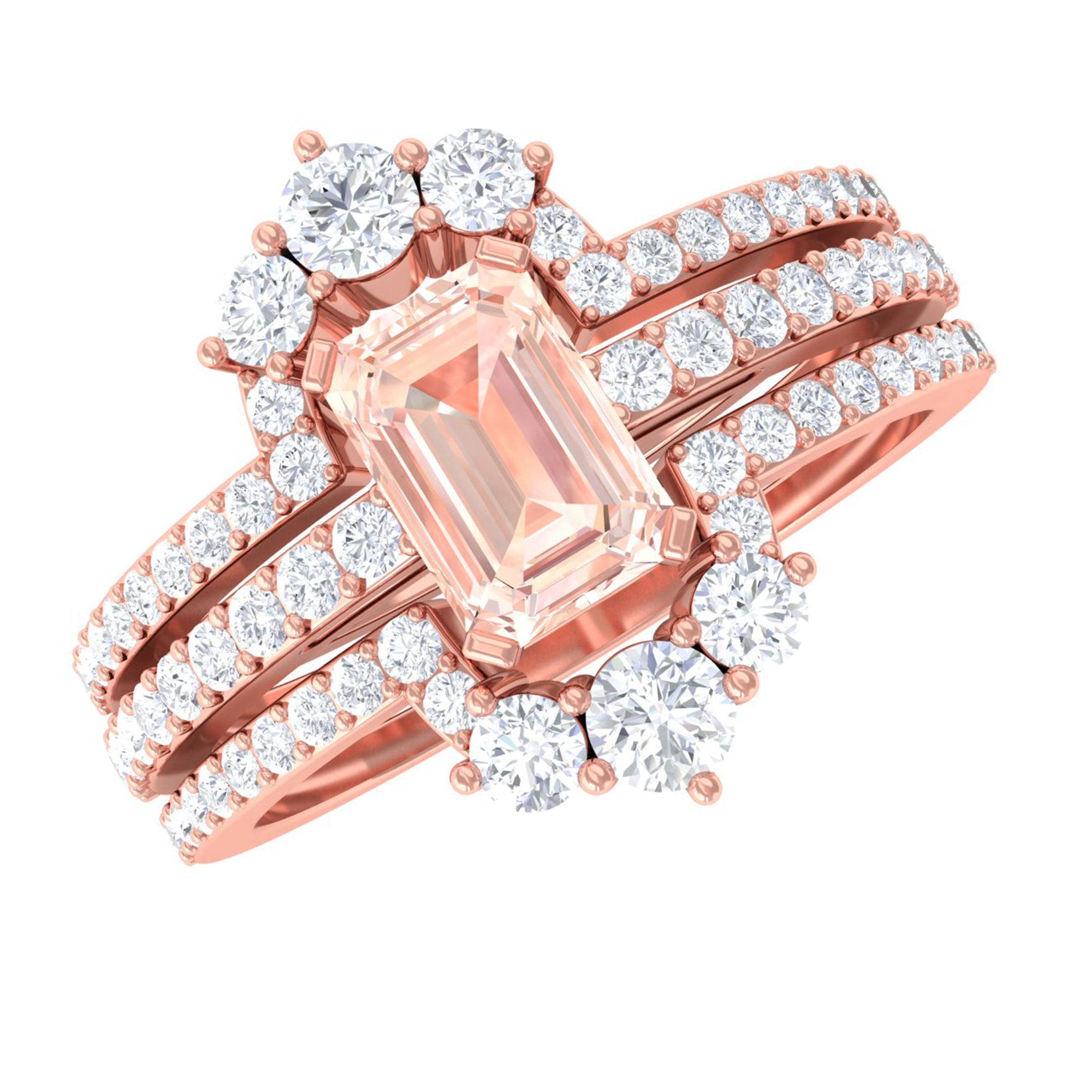 Emerald Cut Morganite Solitaire Trio Ring Set with Diamond Morganite - ( AAA ) - Quality - Rosec Jewels