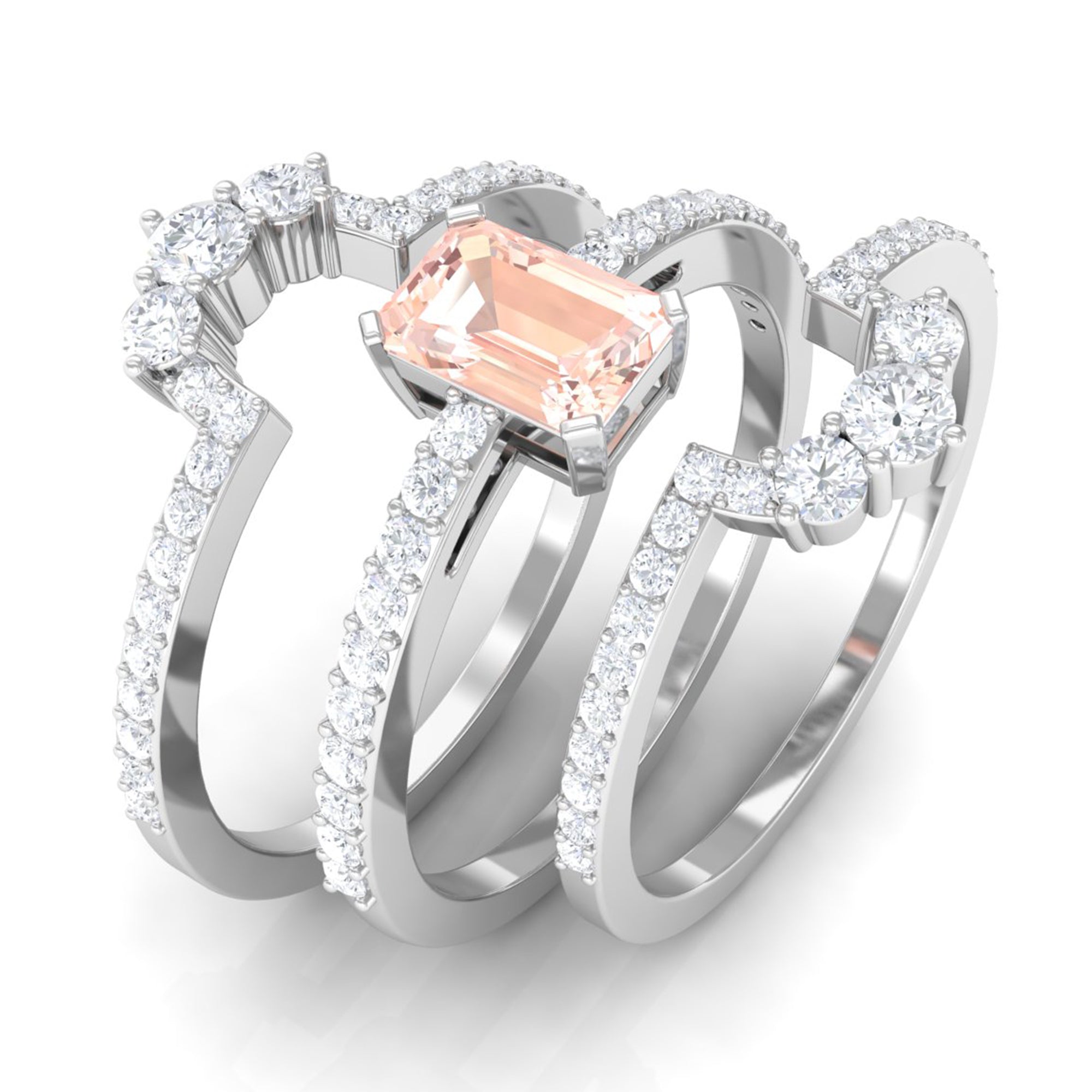 Emerald Cut Morganite Solitaire Trio Ring Set with Diamond Morganite - ( AAA ) - Quality - Rosec Jewels