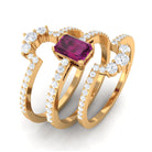 Octagon Cut Rhodolite Solitaire Trio Ring Set with Moissanite Rhodolite - ( AAA ) - Quality - Rosec Jewels