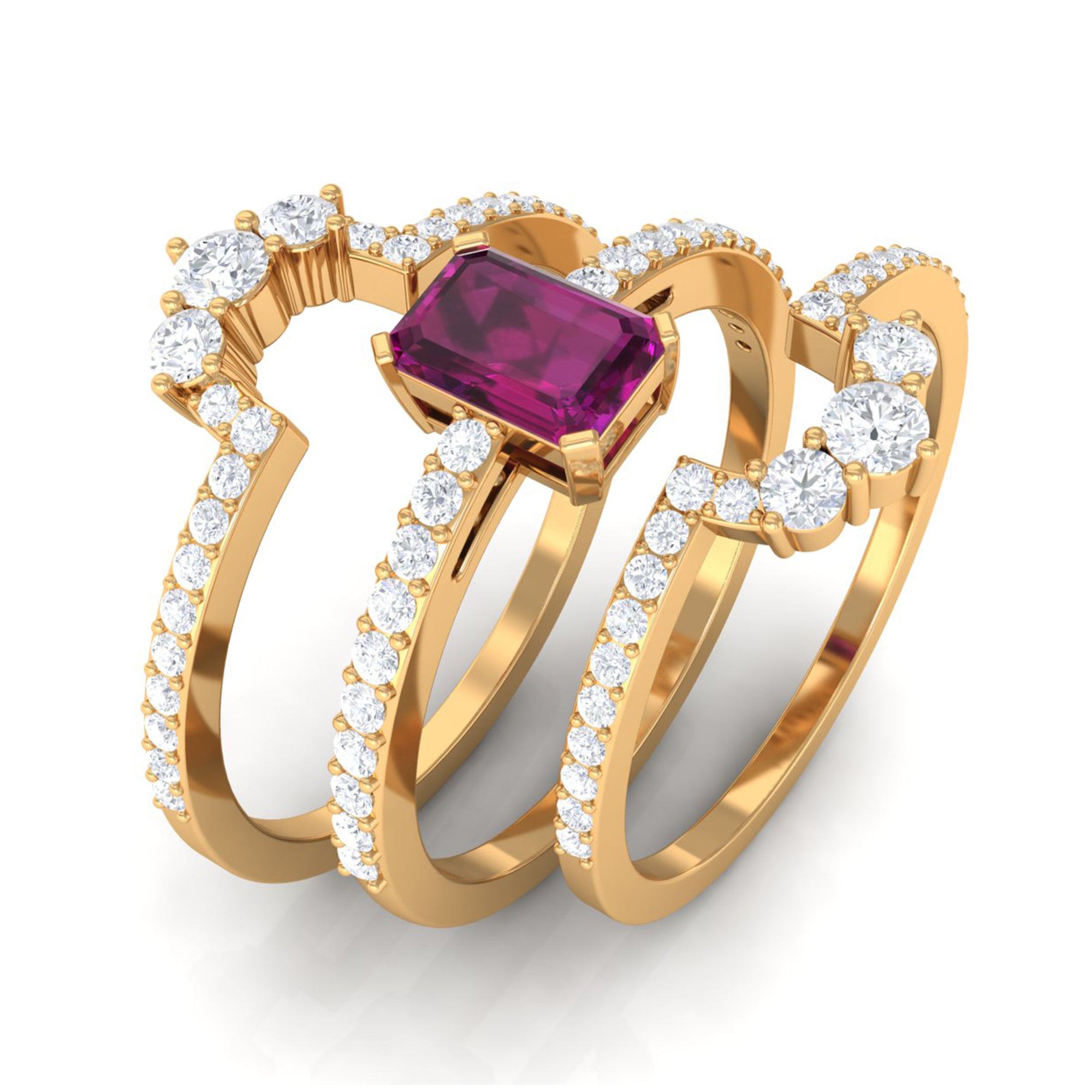 Octagon Cut Rhodolite Solitaire Trio Ring Set with Moissanite Rhodolite - ( AAA ) - Quality - Rosec Jewels