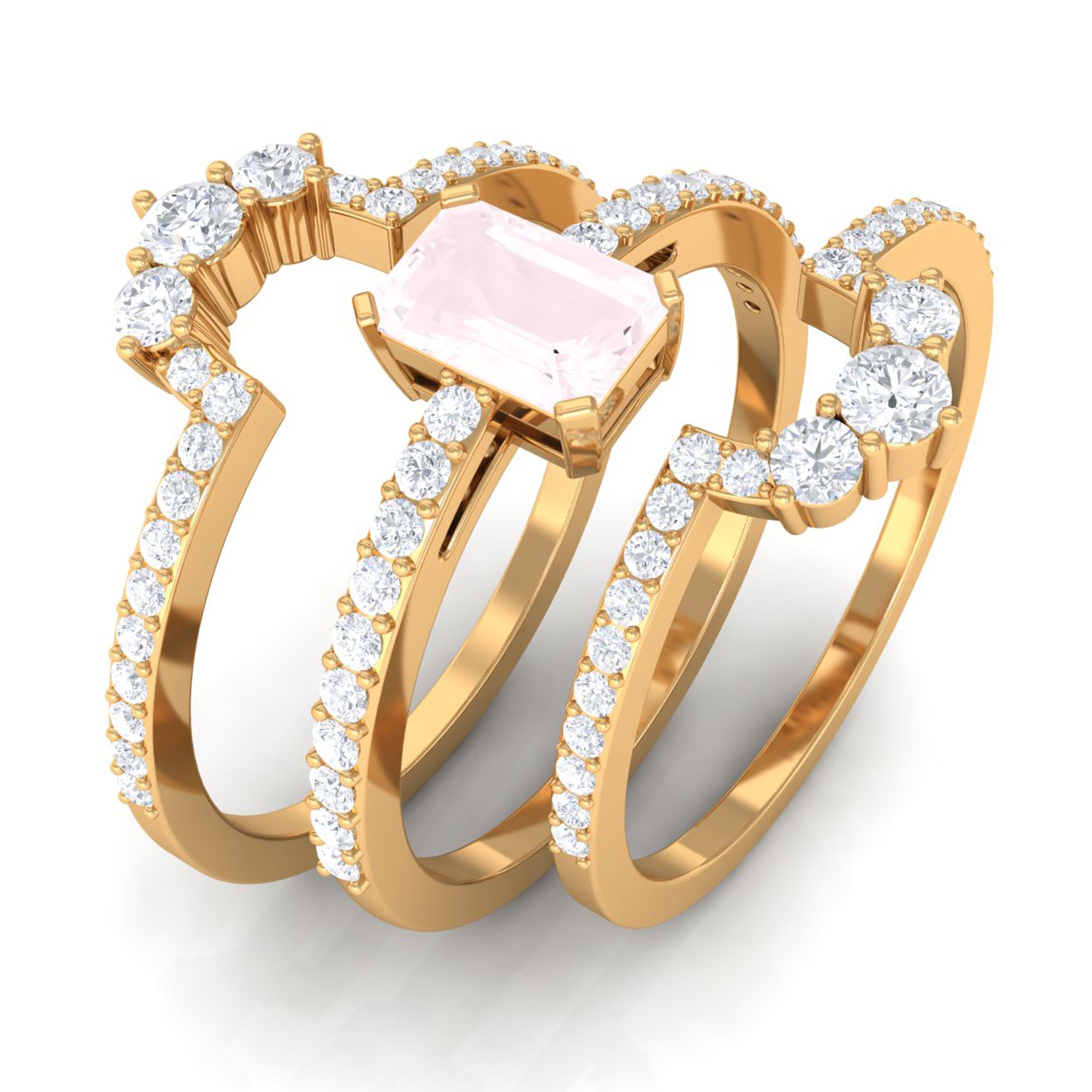 Octagon Cut Rose Quartz Solitaire Ring Set with Moissanite Rose Quartz - ( AAA ) - Quality - Rosec Jewels