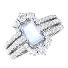 Octagon Cut Moonstone Solitaire Trio Ring Set with Moissanite Moonstone - ( AAA ) - Quality - Rosec Jewels