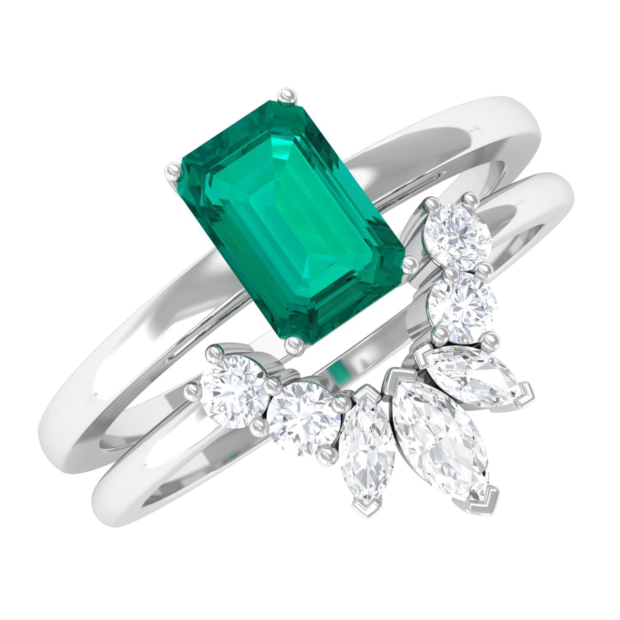 Octagon shape Emerald Wedding Ring Set with Diamond Emerald - ( AAA ) - Quality - Rosec Jewels