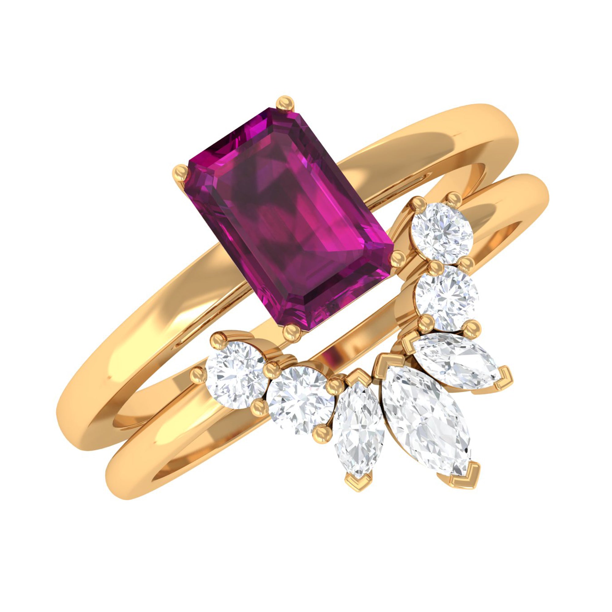 1 CT Emerald Cut Rhodolite Wedding Ring Set with Diamond Rhodolite - ( AAA ) - Quality - Rosec Jewels