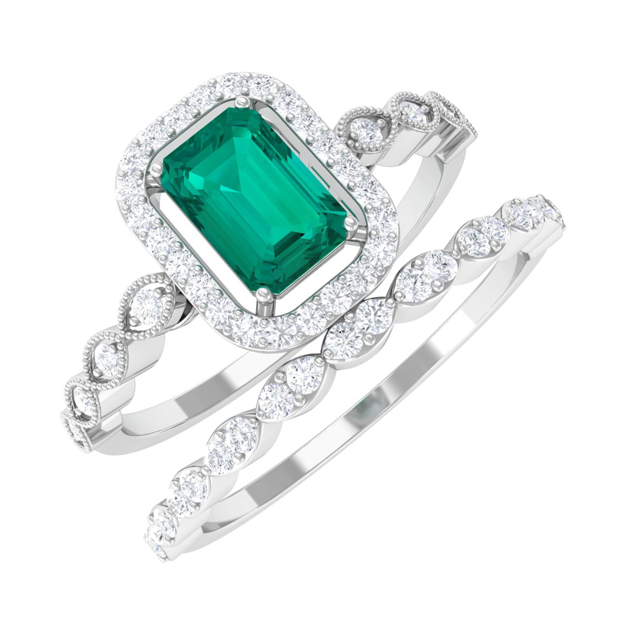 Octagon shape Emerald and Diamond Designer Ring Set Emerald - ( AAA ) - Quality - Rosec Jewels