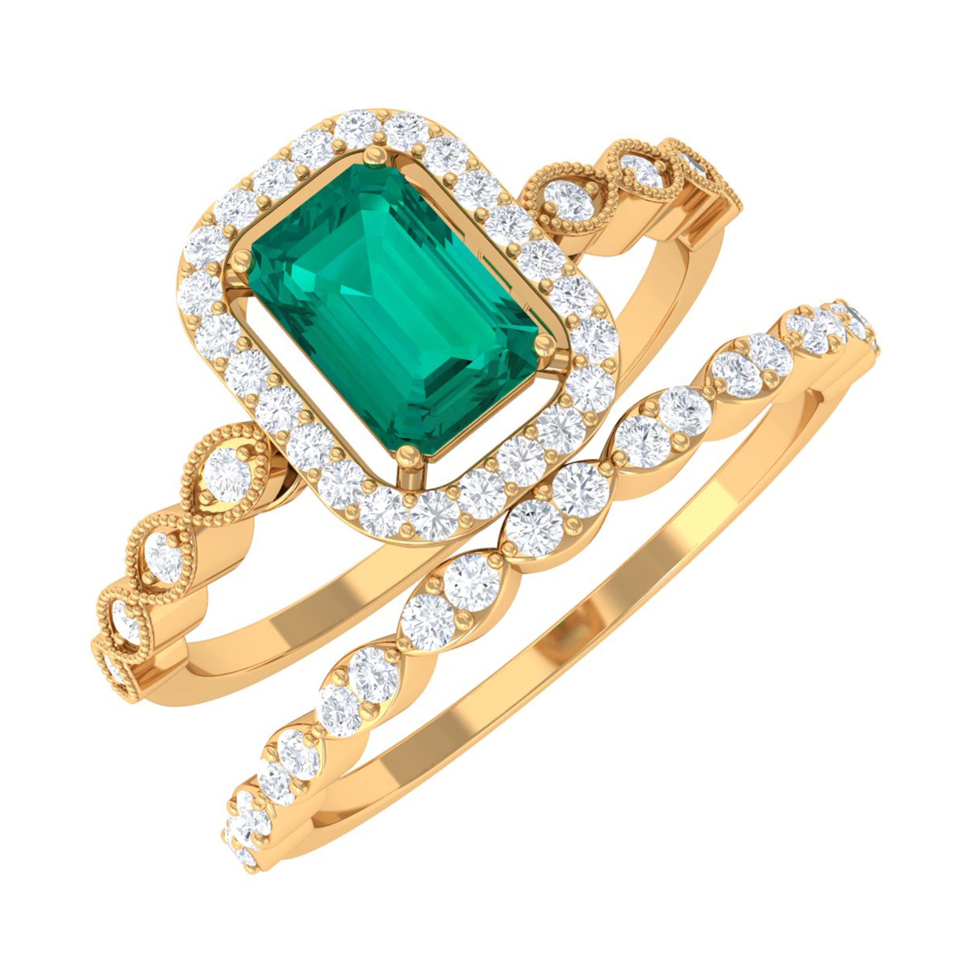 Octagon shape Emerald and Diamond Designer Ring Set Emerald - ( AAA ) - Quality - Rosec Jewels