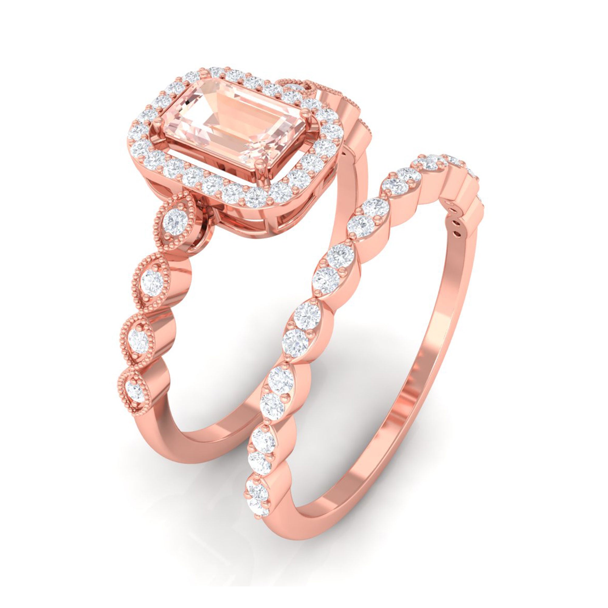 Emerald Cut Morganite and Diamond Designer Ring Set Morganite - ( AAA ) - Quality - Rosec Jewels