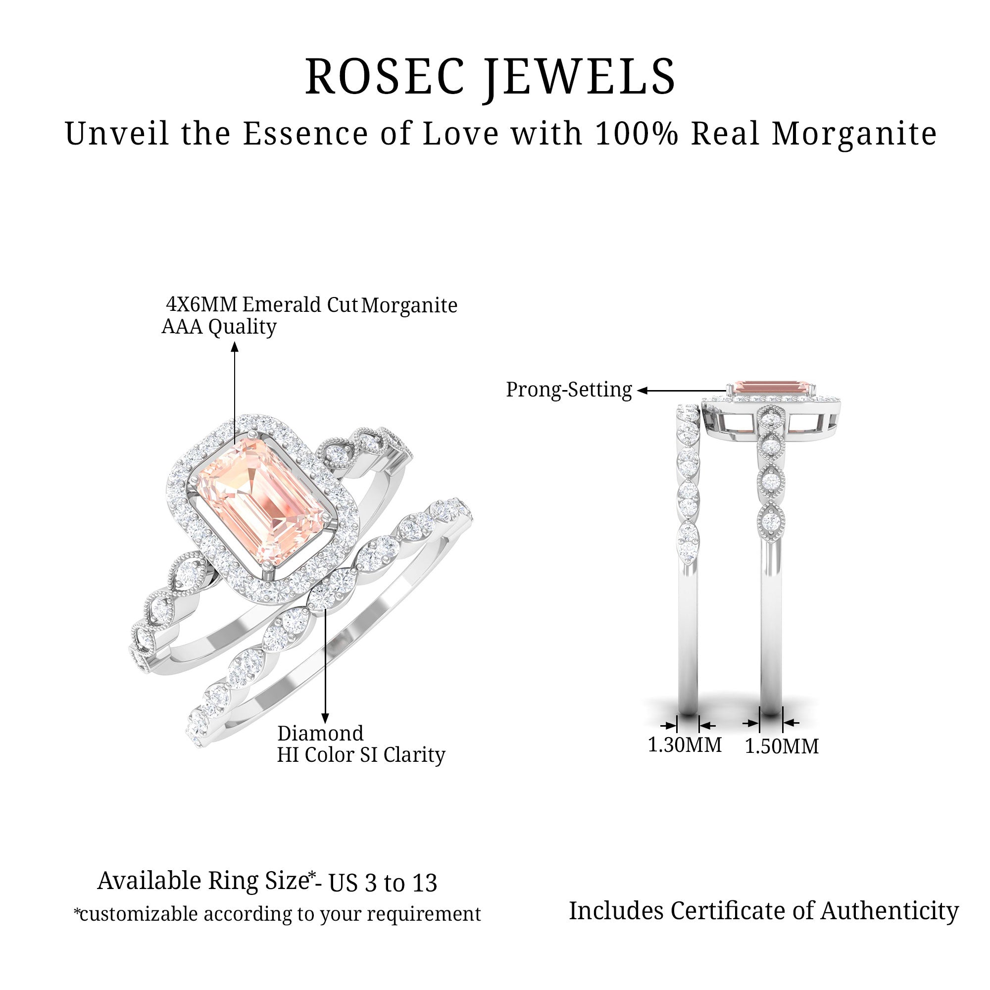 Emerald Cut Morganite and Diamond Designer Ring Set Morganite - ( AAA ) - Quality - Rosec Jewels