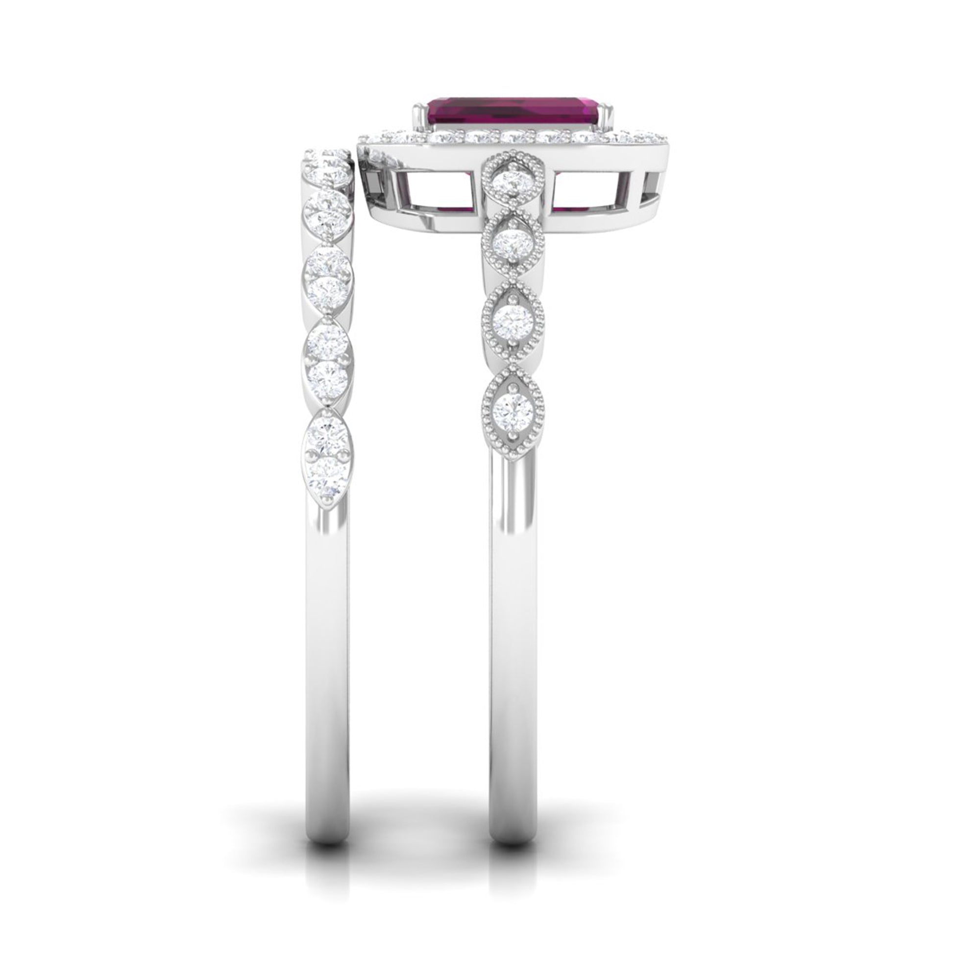 1.25 CT Emerald Cut Rhodolite and Diamond Designer Ring Set Rhodolite - ( AAA ) - Quality - Rosec Jewels