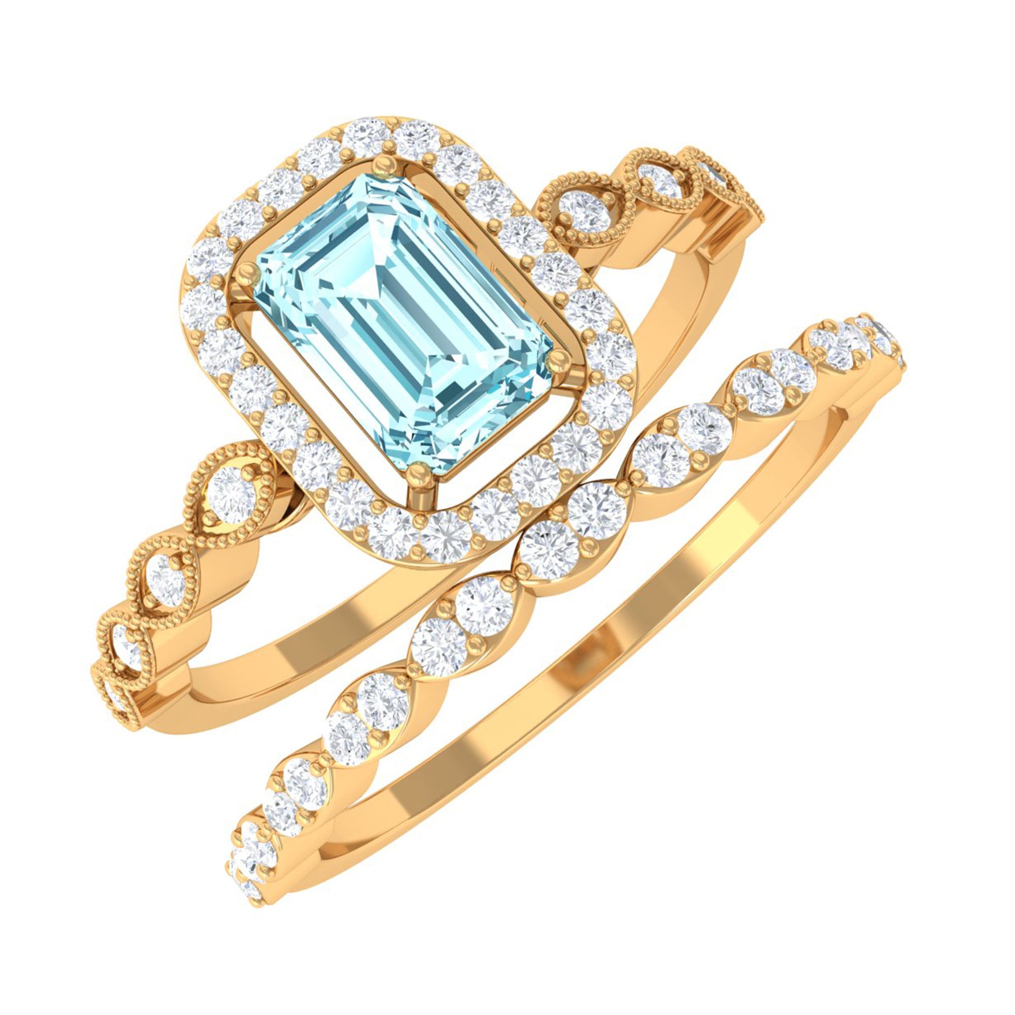 Octagon Cut Aquamarine and Diamond Designer Ring Set Aquamarine - ( AAA ) - Quality - Rosec Jewels