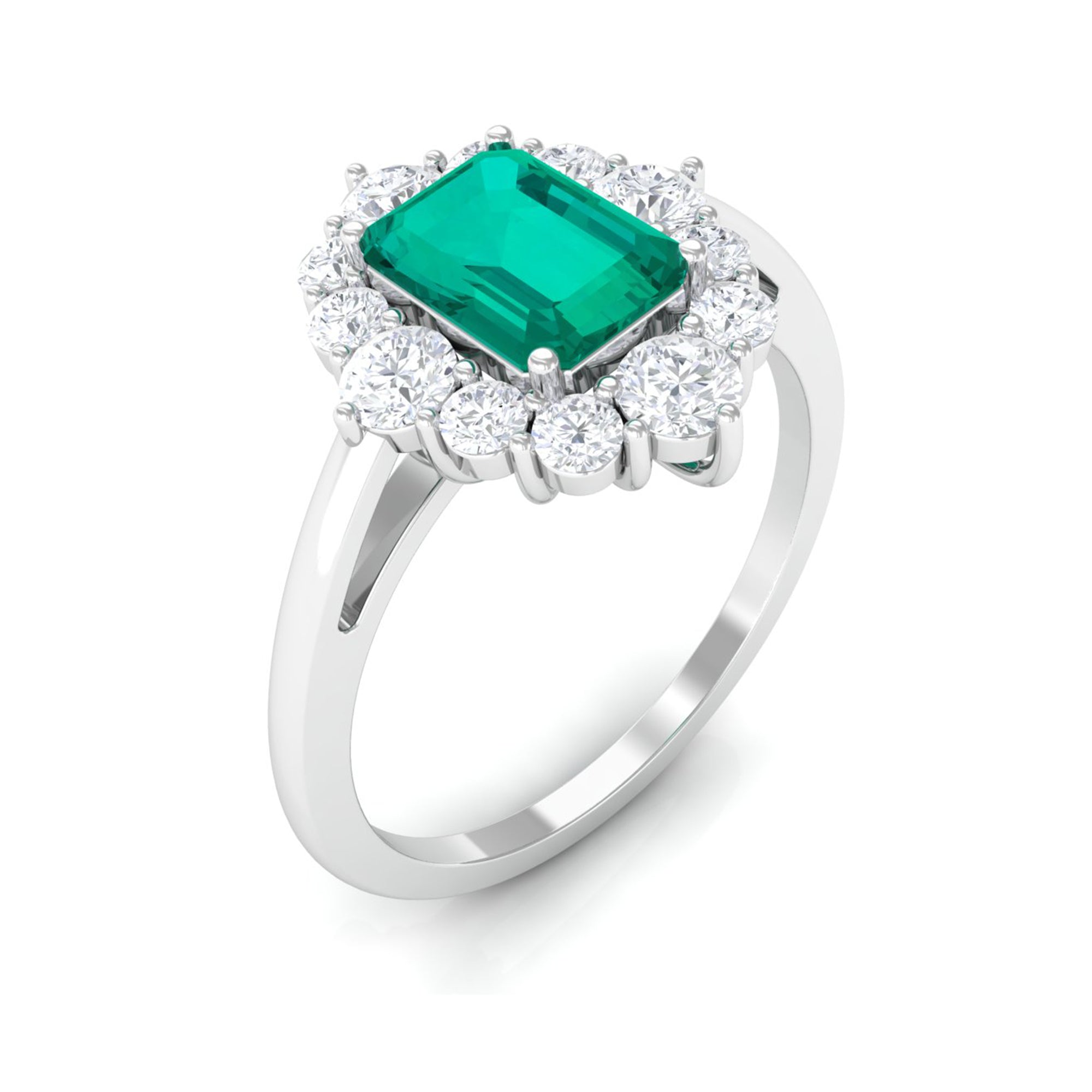 2 CT Classic Emerald Engagement Ring with Diamond Halo Emerald - ( AAA ) - Quality - Rosec Jewels