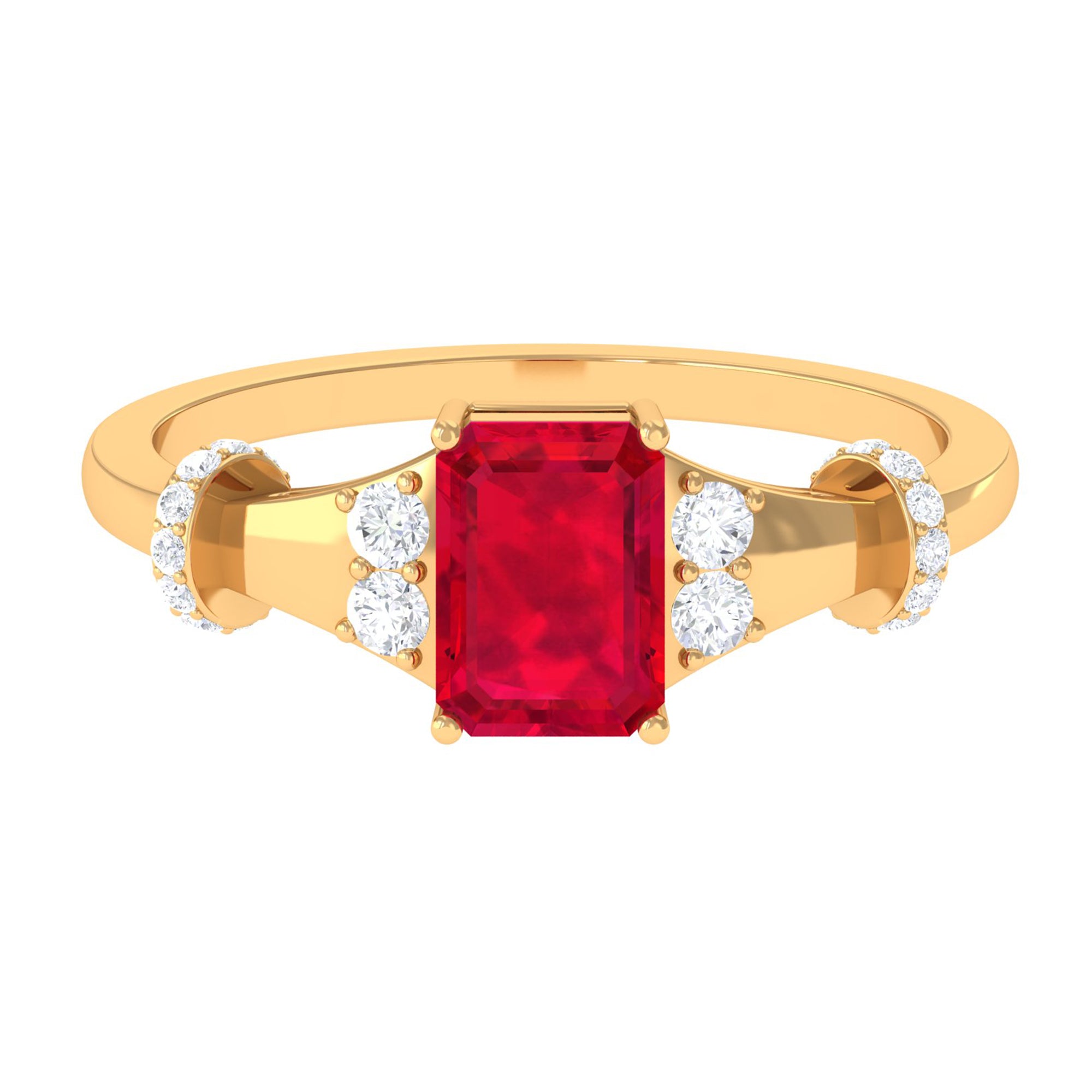 Emerald Cut Solitaire Created Ruby Ring with Diamond Lab Created Ruby - ( AAAA ) - Quality - Rosec Jewels