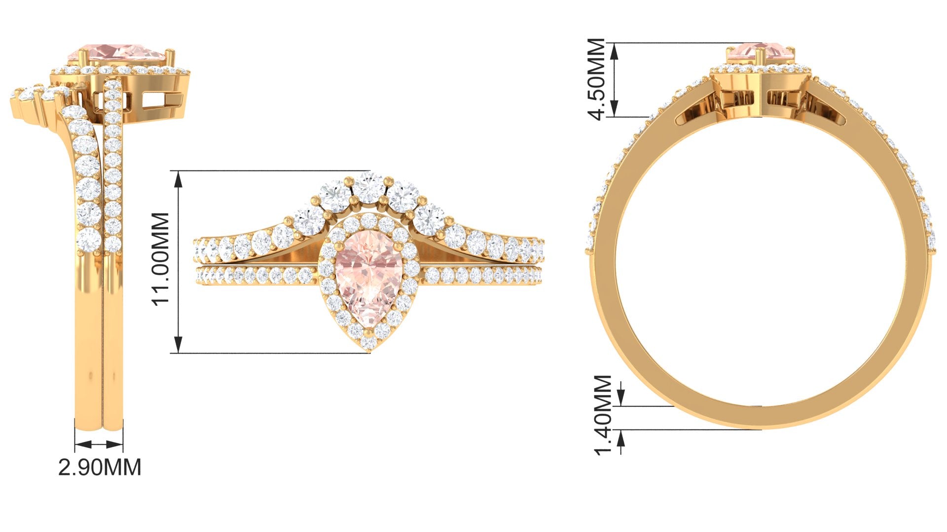 Morganite Designer Teardrop Ring Set with Diamond Halo Morganite - ( AAA ) - Quality - Rosec Jewels