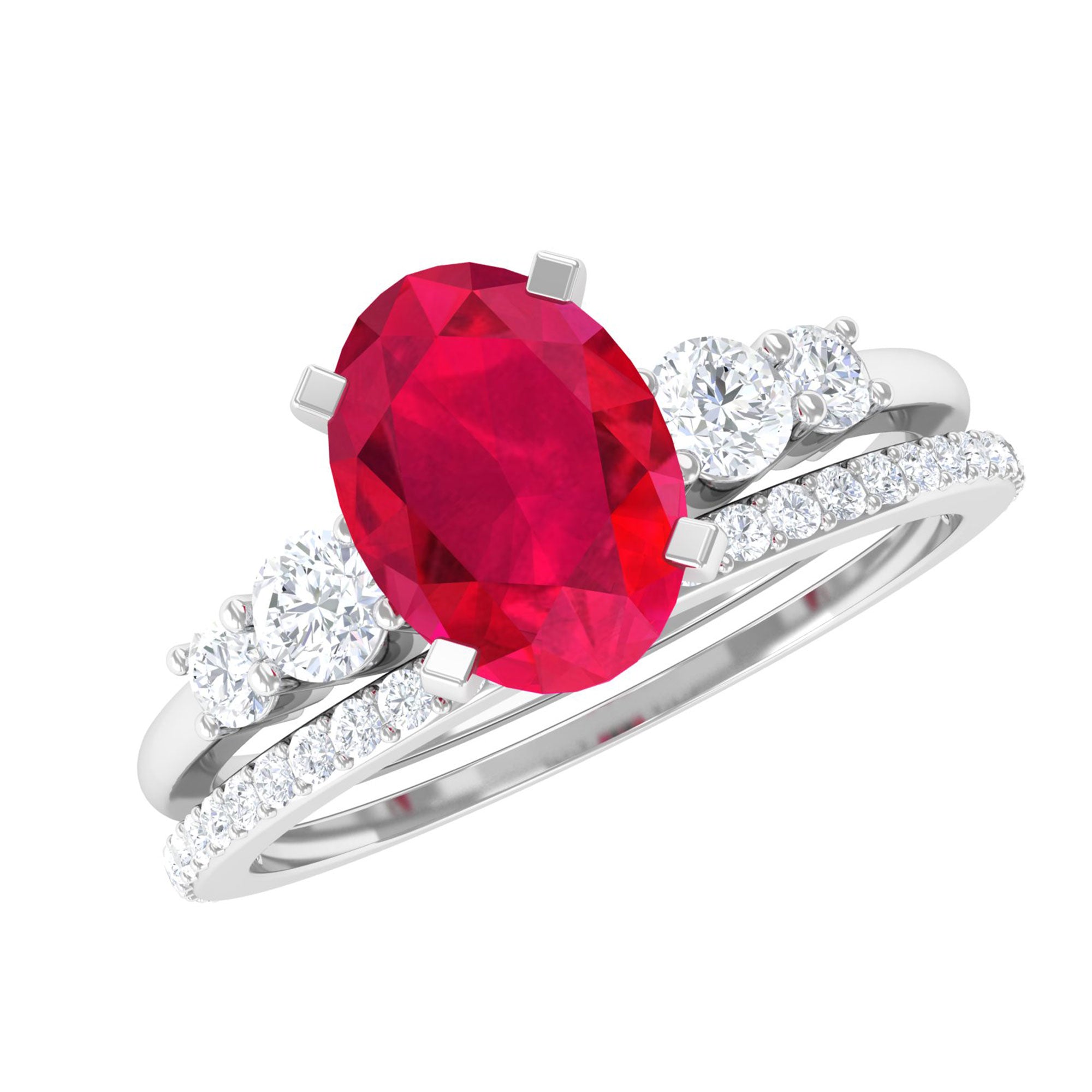 2 CT Oval Created Ruby Solitaire Ring Set with Diamond Lab Created Ruby - ( AAAA ) - Quality - Rosec Jewels