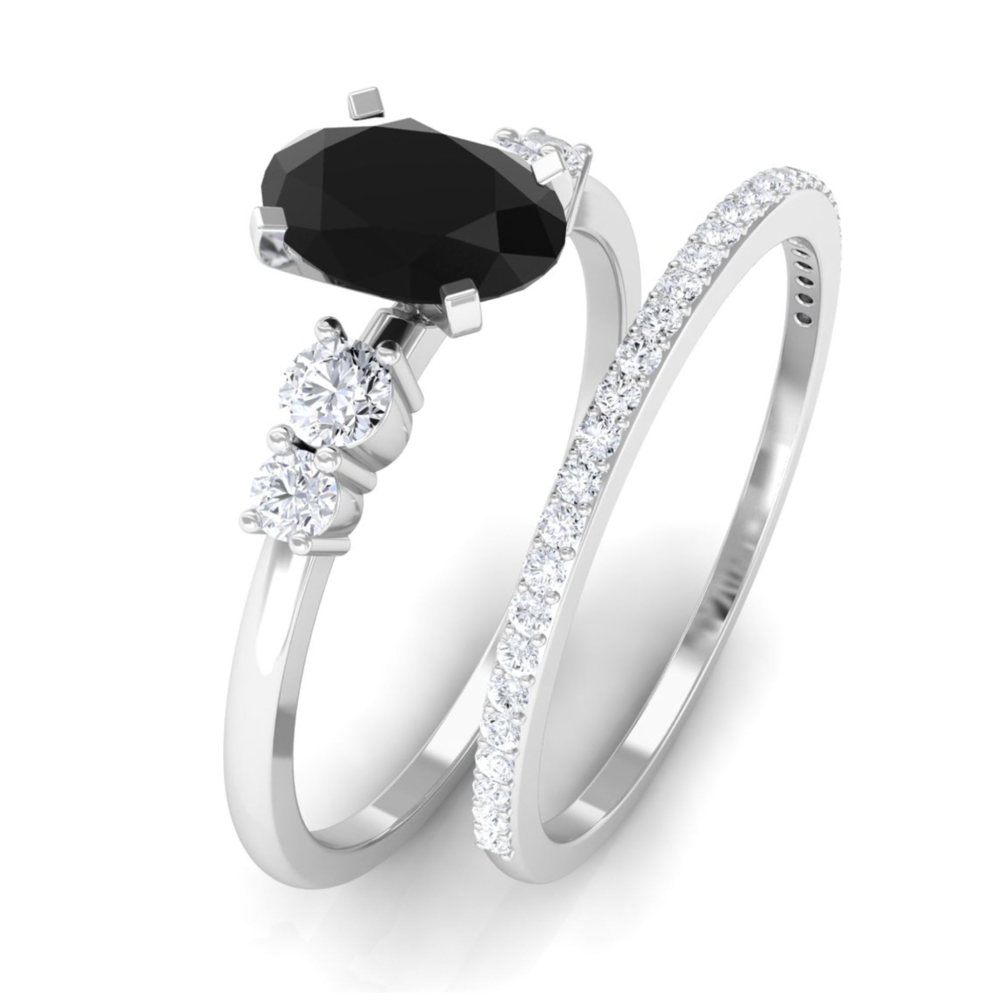 Oval Black Spinel Solitaire Ring Set with Diamond Black Spinel - ( AAA ) - Quality - Rosec Jewels