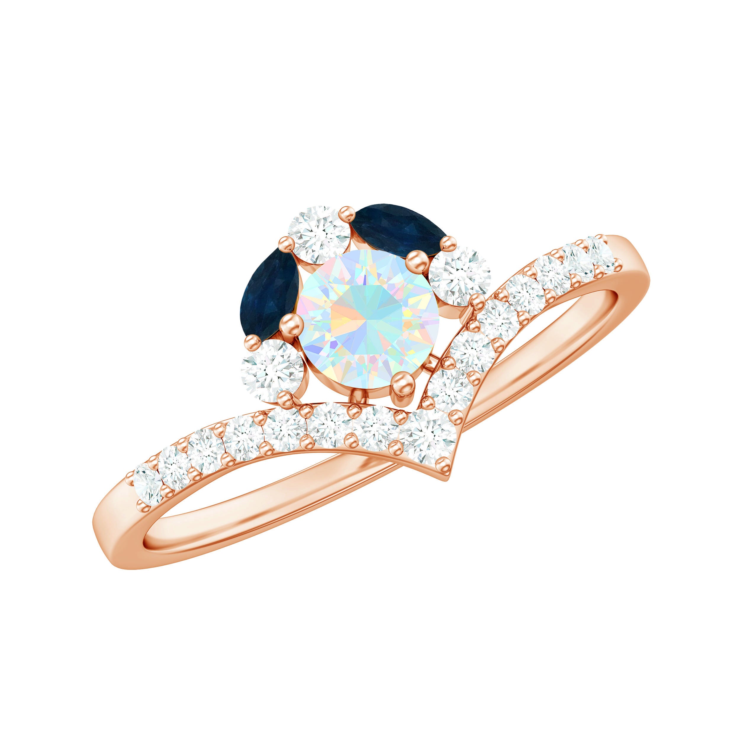 Designer Ethiopian Opal Engagement Ring with Blue Sapphire and Moissanite Ethiopian Opal - ( AAA ) - Quality - Rosec Jewels