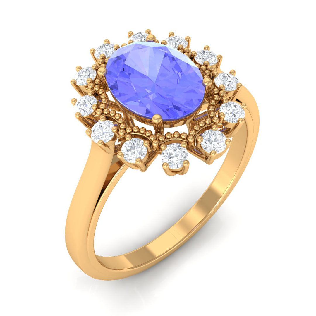 Vintage Inspired Oval Tanzanite and Diamond Halo Ring Tanzanite - ( AAA ) - Quality - Rosec Jewels