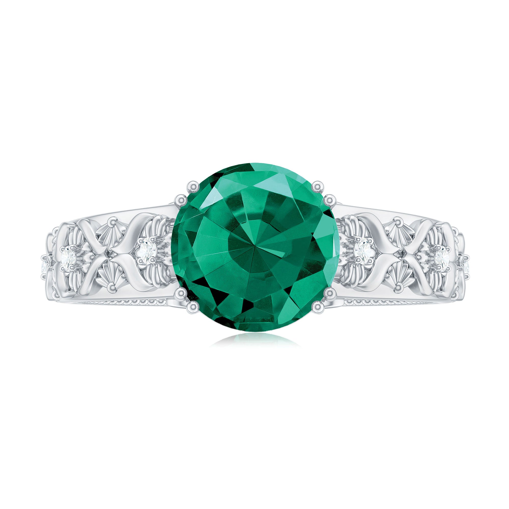 Round Created Emerald Floral Engagement Ring with Diamond Lab Created Emerald - ( AAAA ) - Quality - Rosec Jewels