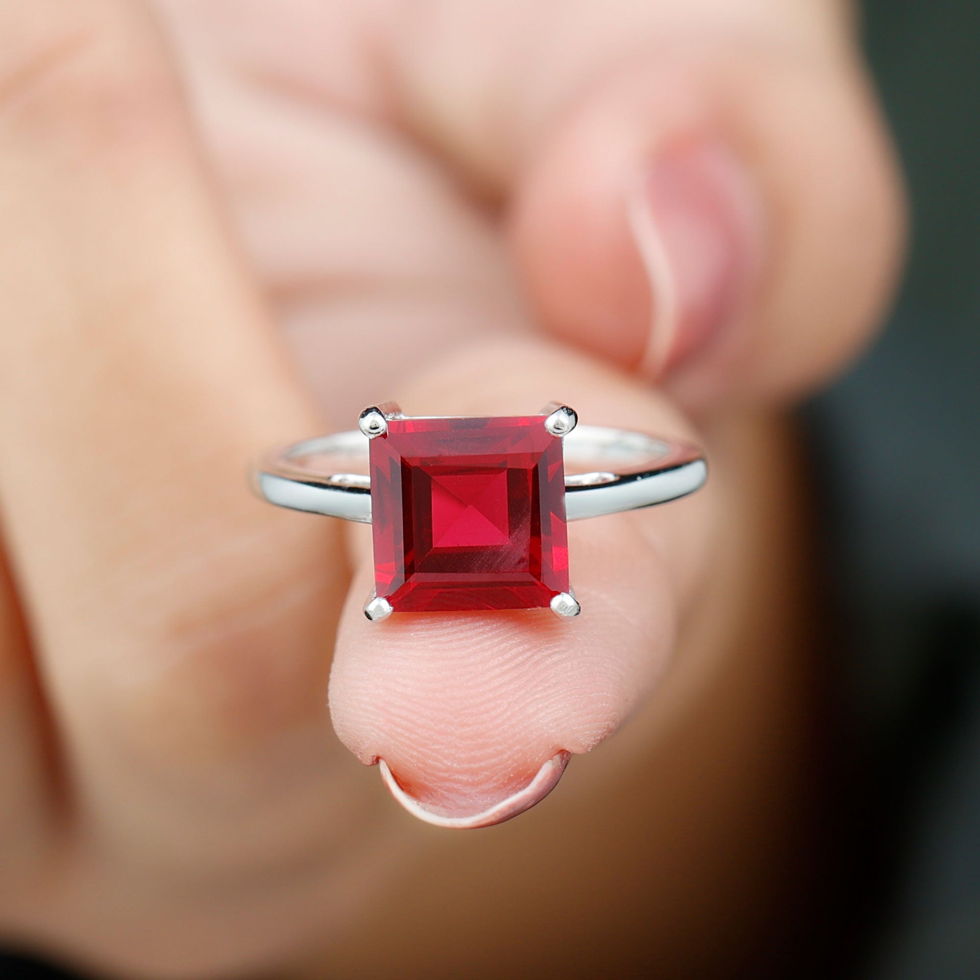 8.00 MM Princess Cut Created Ruby Solitaire Ring Lab Created Ruby - ( AAAA ) - Quality - Rosec Jewels